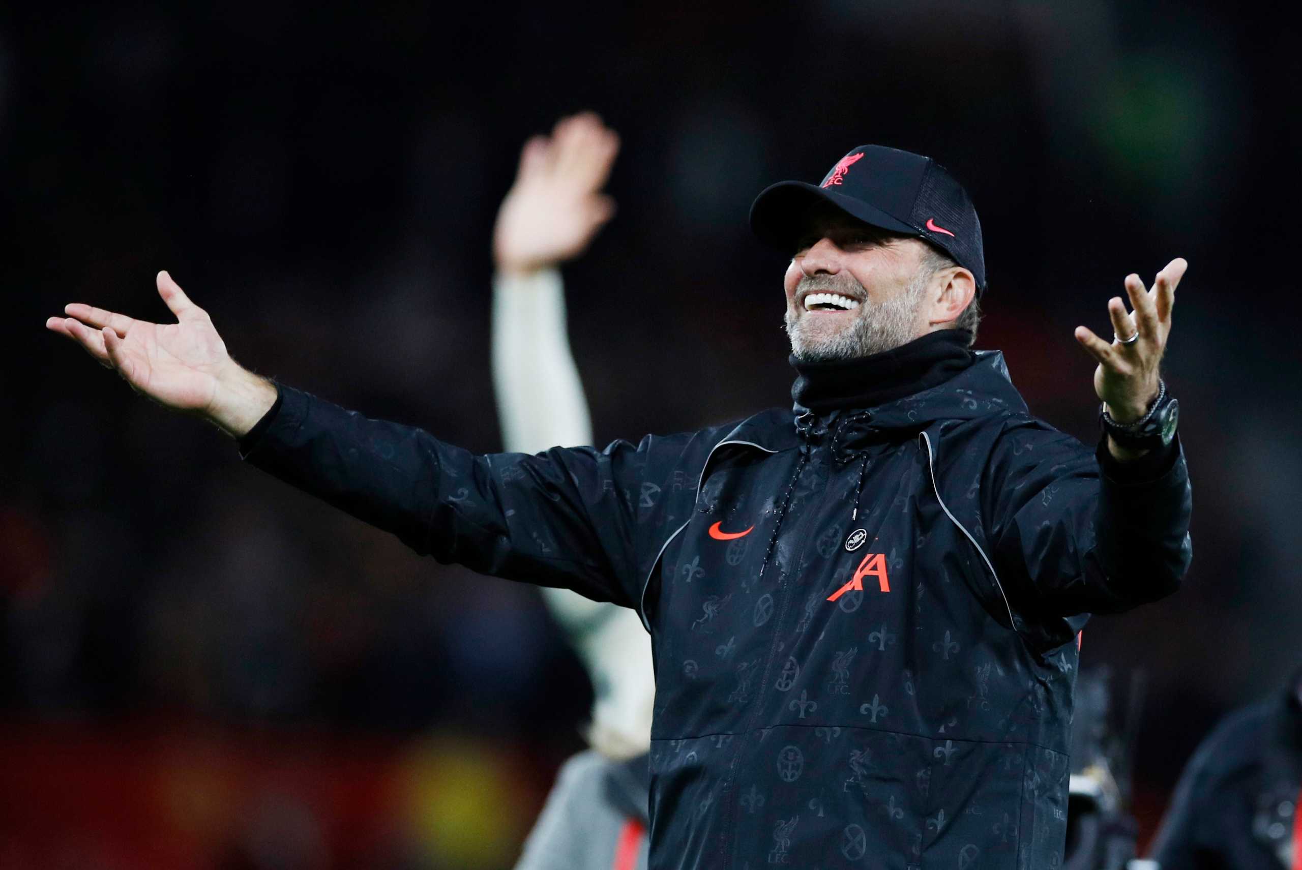 Soccer Football - Premier League - Manchester United v Liverpool - Old Trafford, Manchester, Britain - October 24, 2021 Liverpool manager Juergen Klopp celebrates after the match REUTERS