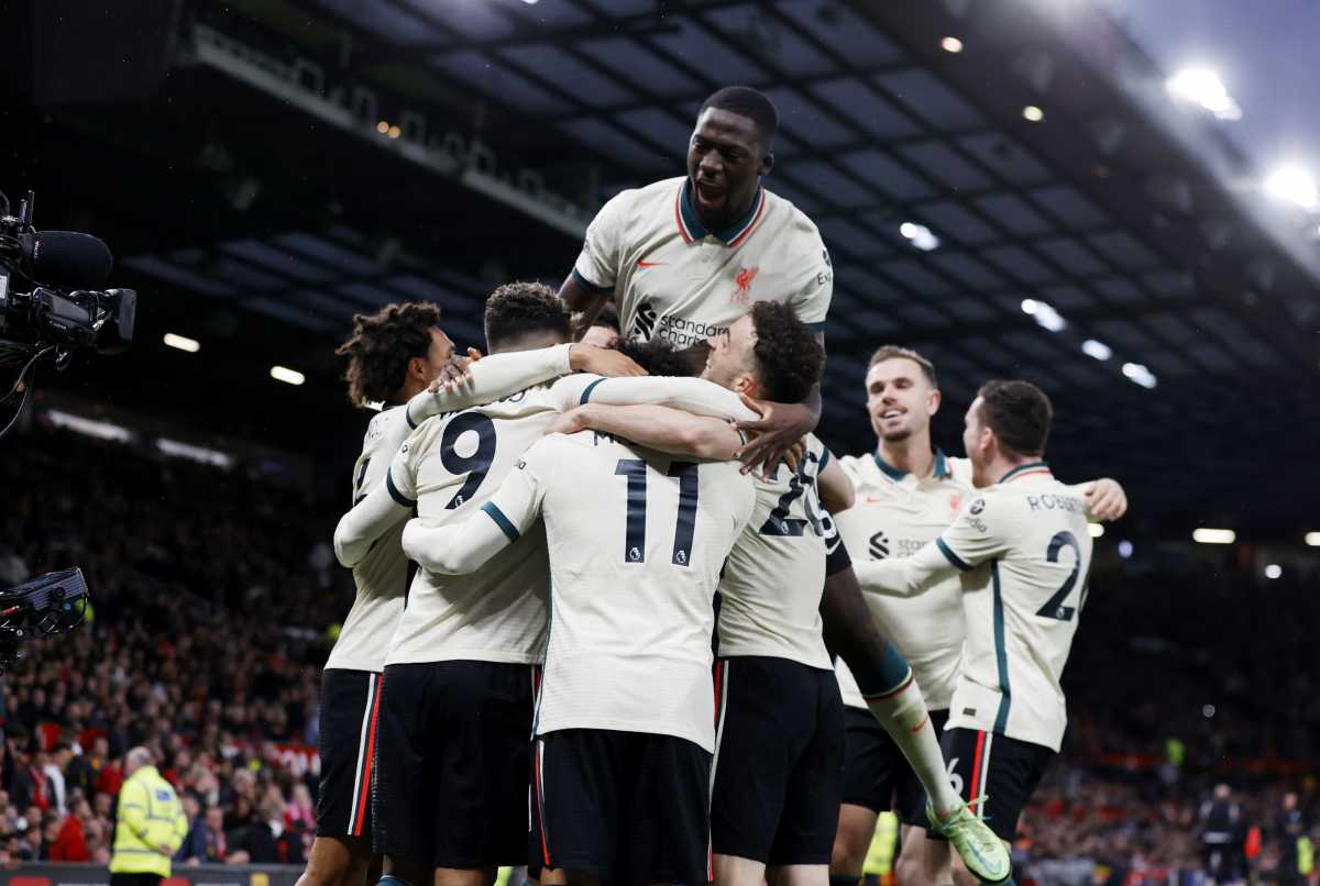 Soccer Football - Premier League - Manchester United v Liverpool - Old Trafford, Manchester, Britain - October 24, 2021 Liverpool's Mohamed Salah celebrates scoring their fifth goal with teammates REUTERS
