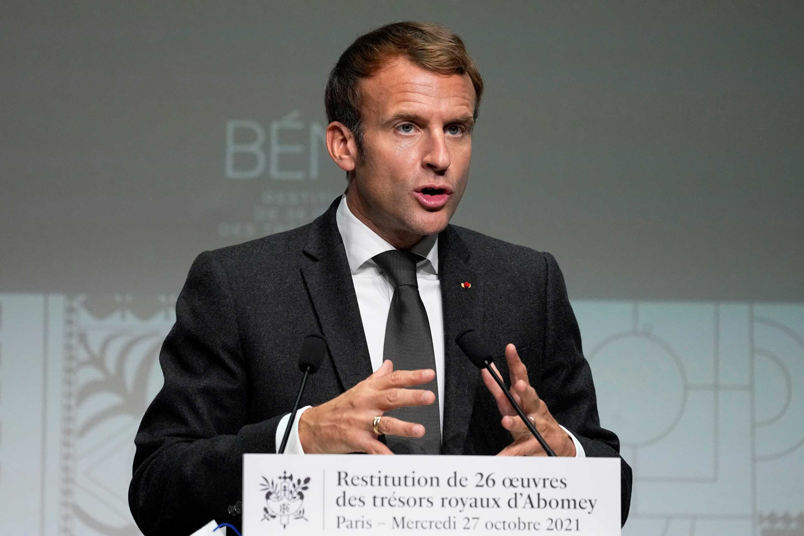 French President Emmanuel Macron delivers his speech at the Quai Branly museum in Paris, France, October 27, 2021. Michel Euler