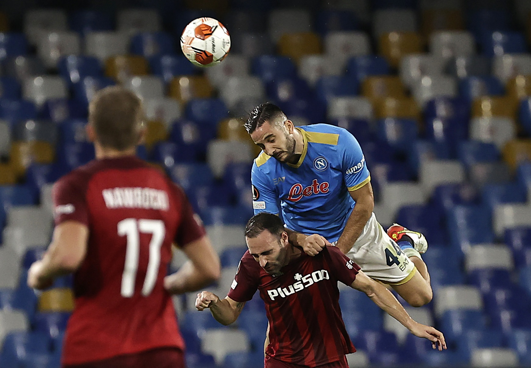 Soccer Football - Europa League - Group C - Napoli v Legia Warsaw - Stadio Diego Armando Maradona, Naples, Italy - October 21, 2021 Napoli's Kostas Manolas in action with Legia Warsaw's Rafael Lopes REUTERS