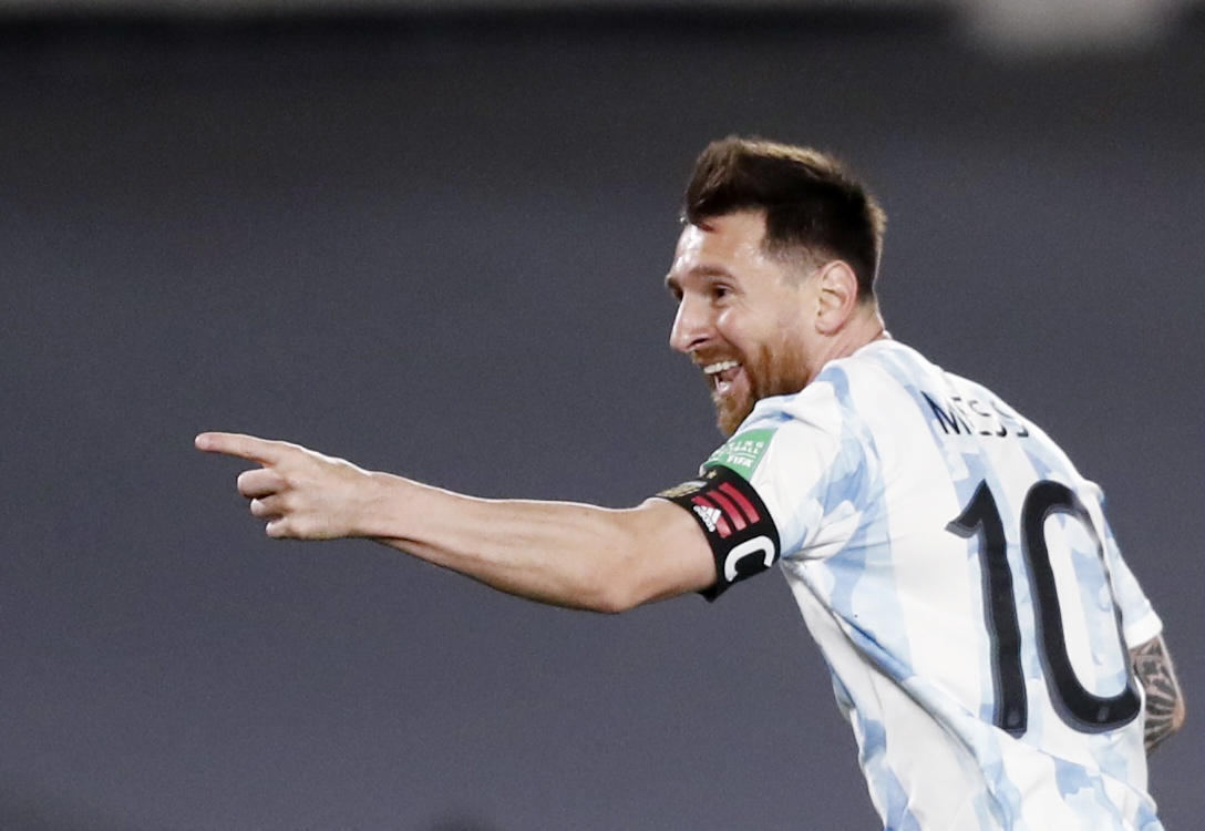Soccer Football - World Cup - South American Qualifiers - Argentina v Uruguay - El Monumental, Buenos Aires, Argentina - October 10, 2021 Argentina's Lionel Messi celebrates scoring their first goal REUTERS