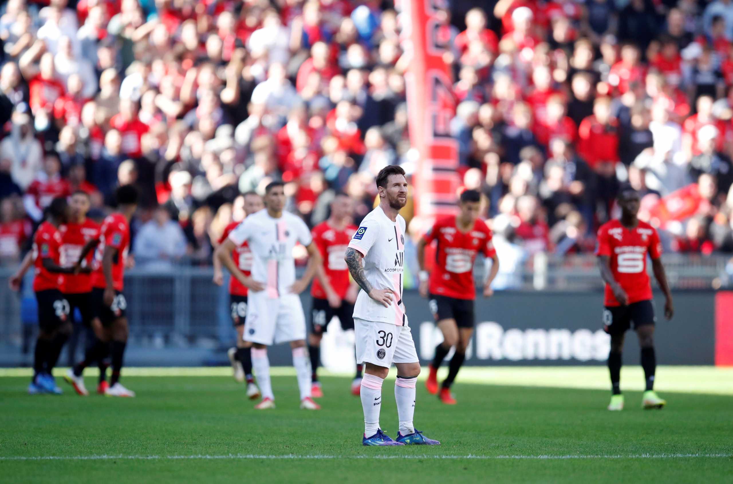 Soccer Football - Ligue 1 - Stade Rennes v Paris St Germain - Roazhon Park, Rennes, France - October 3, 2021 Paris Saint-Germain's Lionel Messi looks dejected after Stade Rennais' Flavien Tait scores their second goal REUTERS