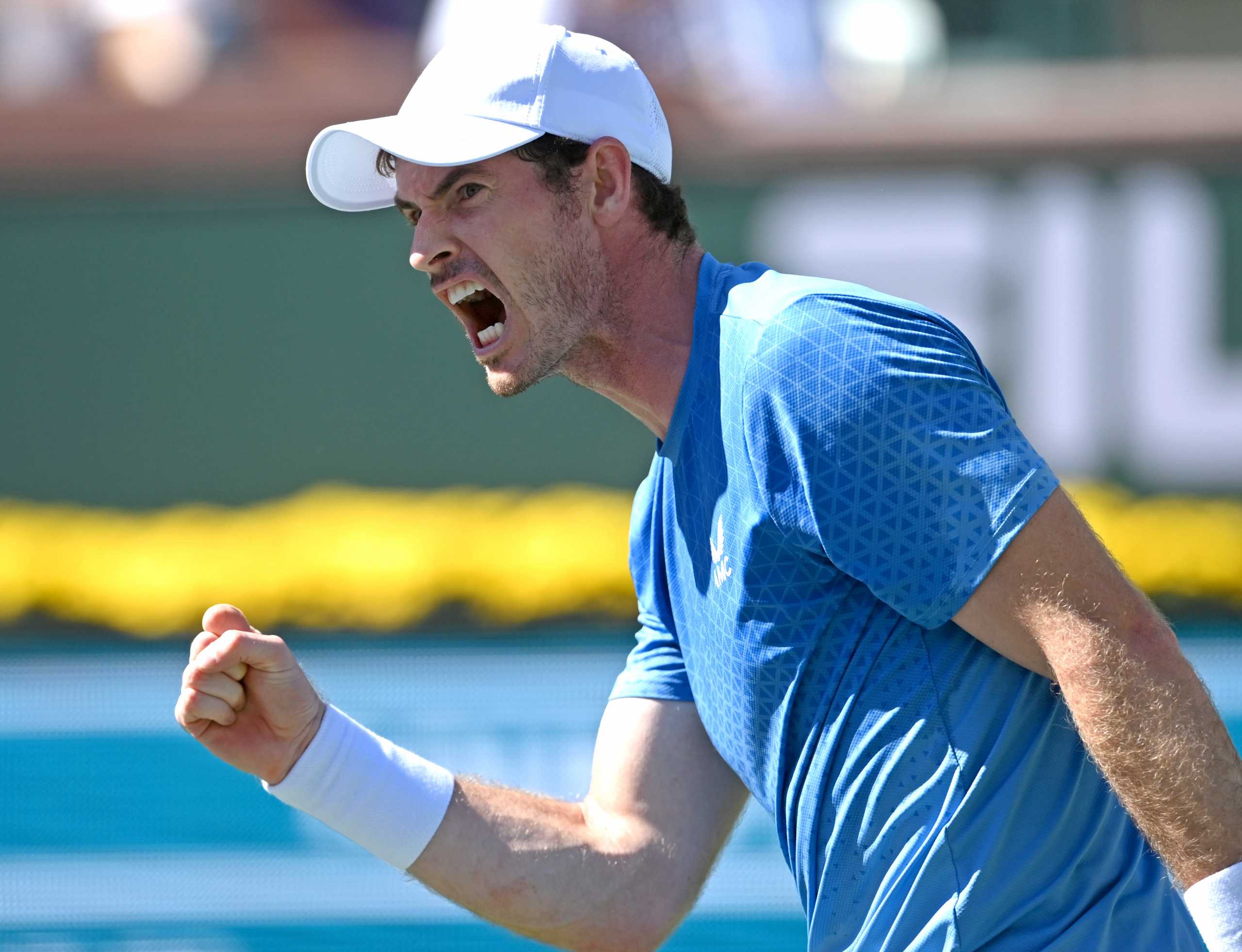 Oct 10, 2021; Indian Wells, CA, USA; Andy Murray (GBR) reacts after winning a point during his second round match against Carlos Alcaraz (ESP) in the BNP Paribas Open at the Indian Wells Tennis Garden. Mandatory Credit: Jayne Kamin-Oncea-USA TODAY Sports