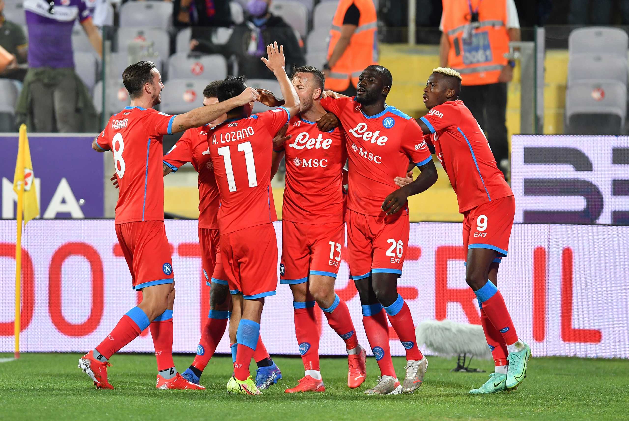Soccer Football - Serie A - Fiorentina v Napoli - Stadio Artemio Franchi, Florence, Italy - October 3, 2021  Napoli's Amir Rrahmani celebrates scoring their second goal with teammates REUTERS
