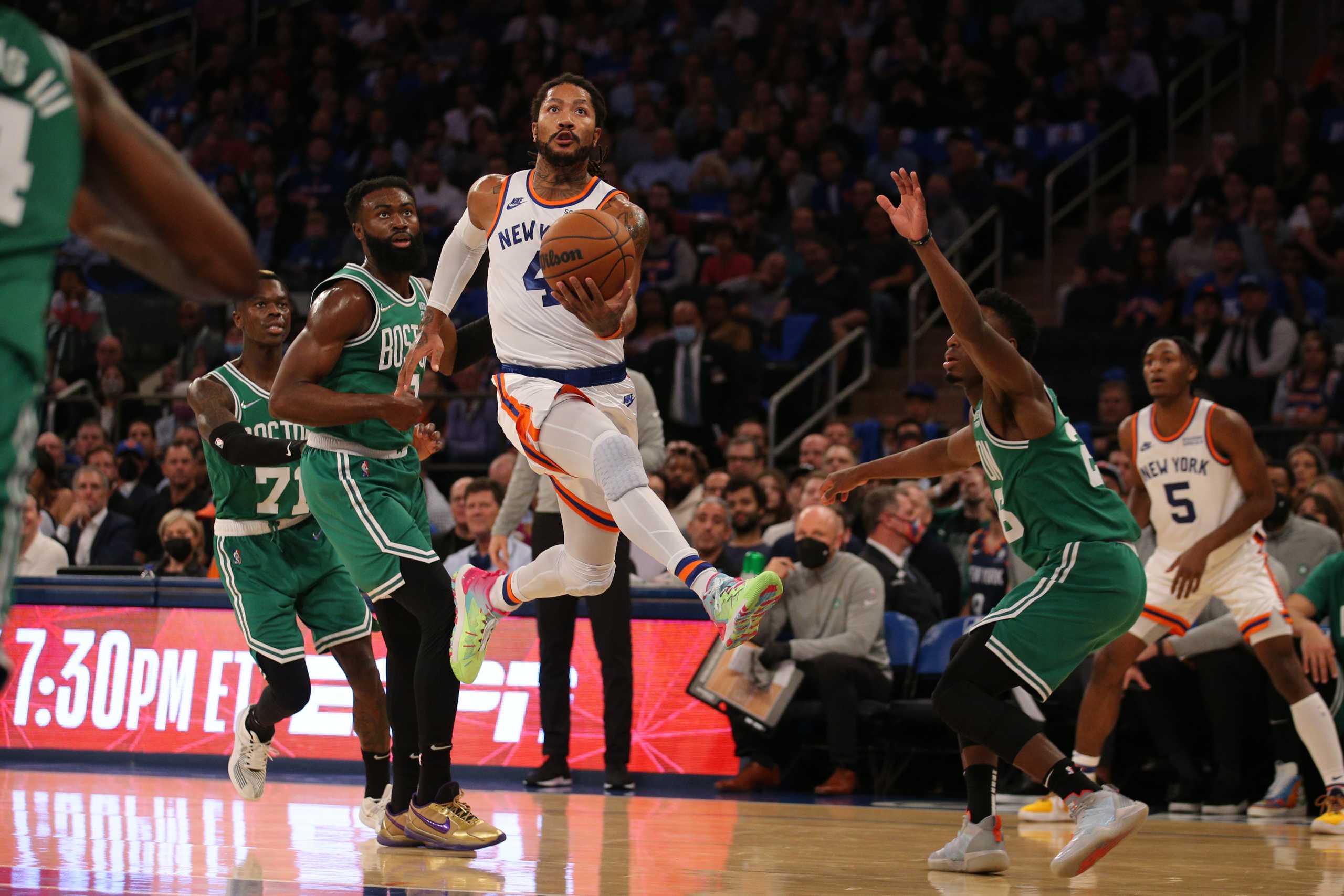 Oct 20, 2021; New York, New York, USA; New York Knicks guard Derrick Rose (4) shoots the ball against the Boston Celtics during the first quarter at Madison Square Garden. Mandatory Credit: Brad Penner-USA TODAY Sports