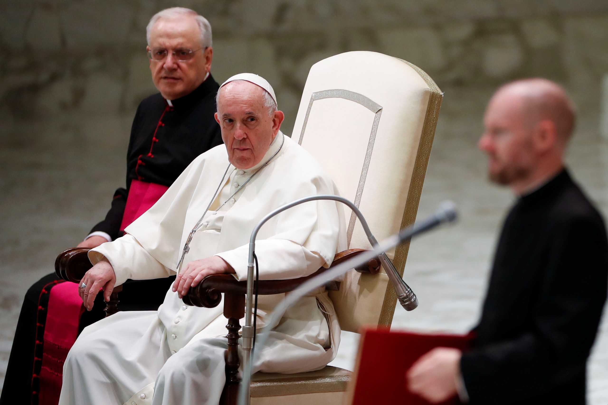 Pope Francis looks on during the weekly general audience in the Paul VI Hall, at the Vatican, October 6, 2021. REUTERS