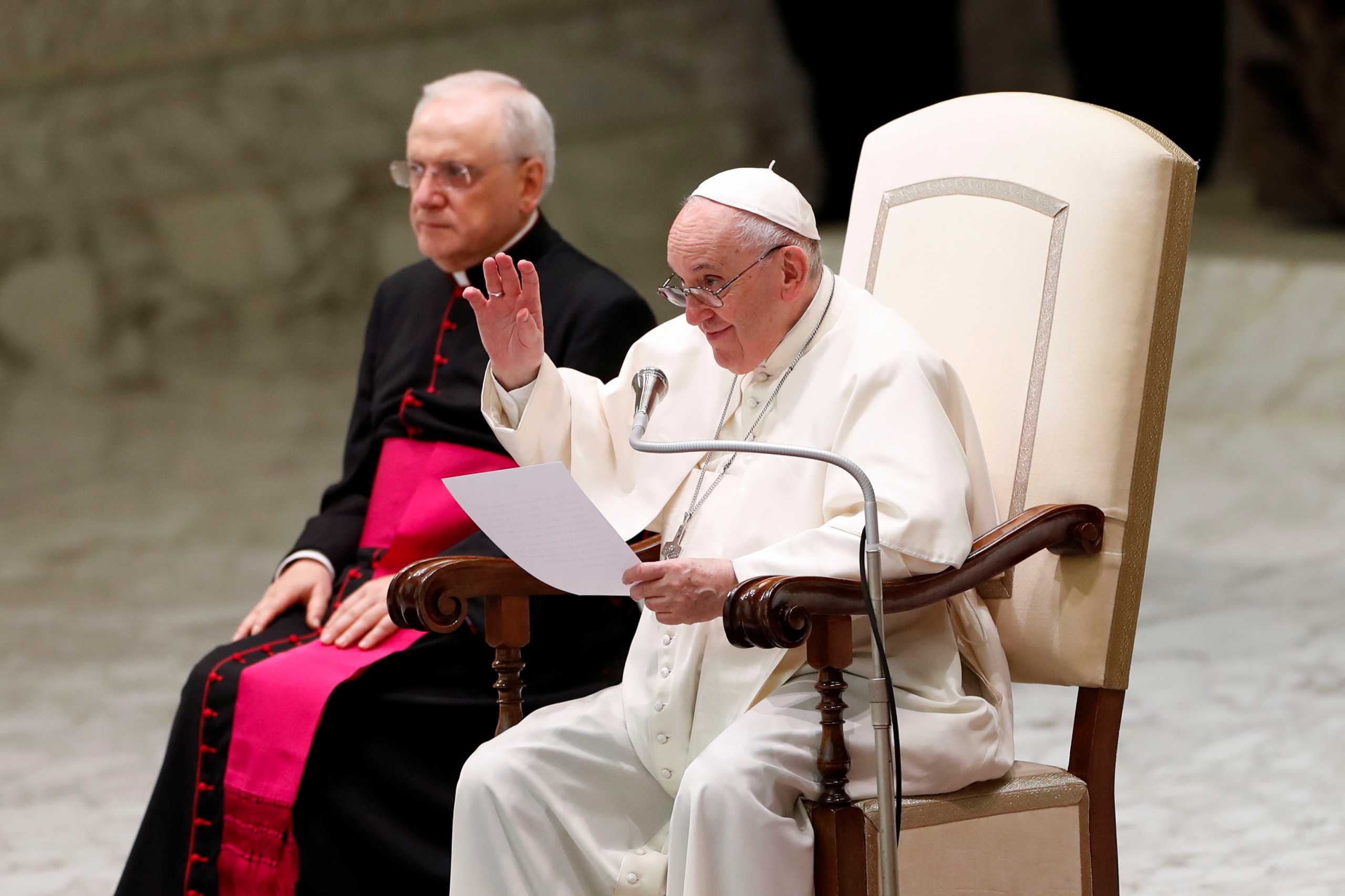 Pope Francis gestures as he speaks during his weekly general audience in the Paul VI Hall, at the Vatican, October 6, 2021. REUTERS