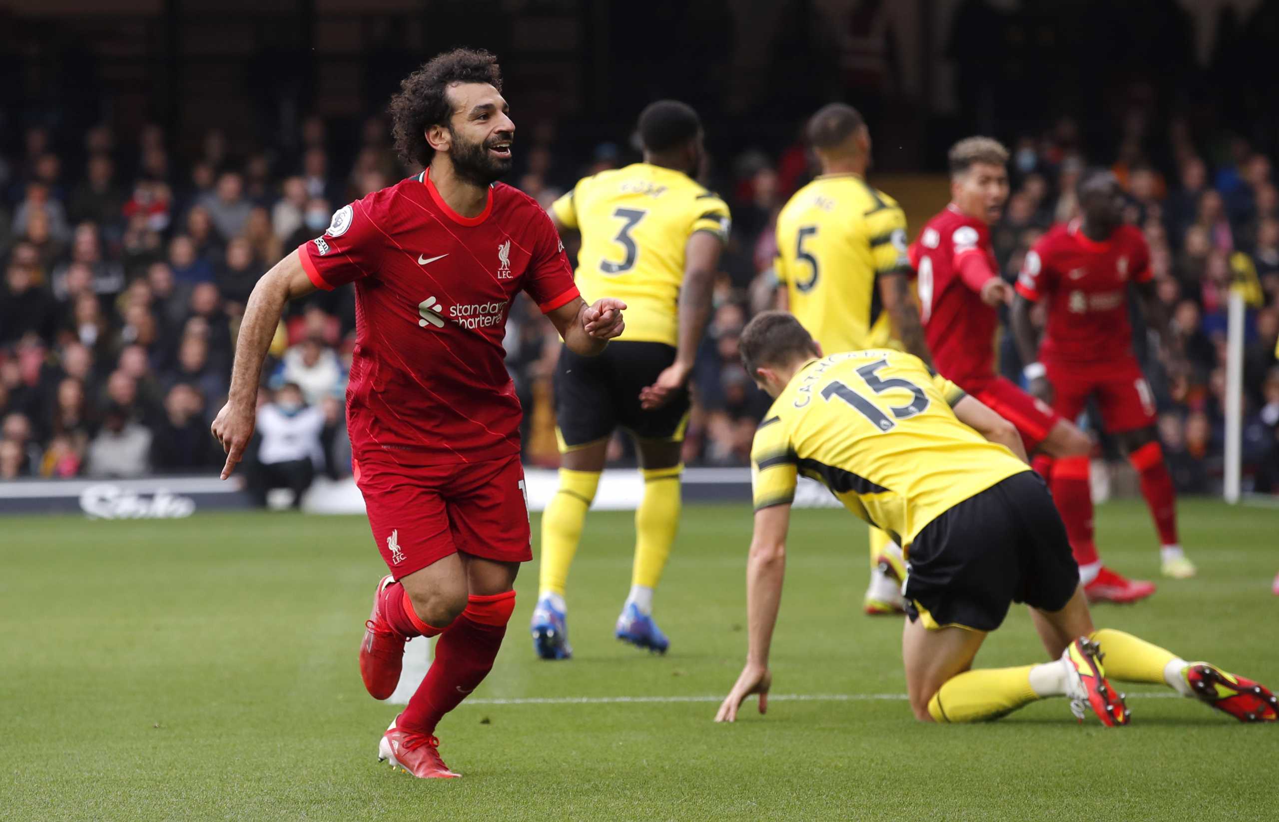 Soccer Football - Premier League - Watford v Liverpool - Vicarage Road, Watford, Britain - October 16, 2021 Liverpool's Mohamed Salah celebrates scoring their fourth goal Action Images via Reuters
