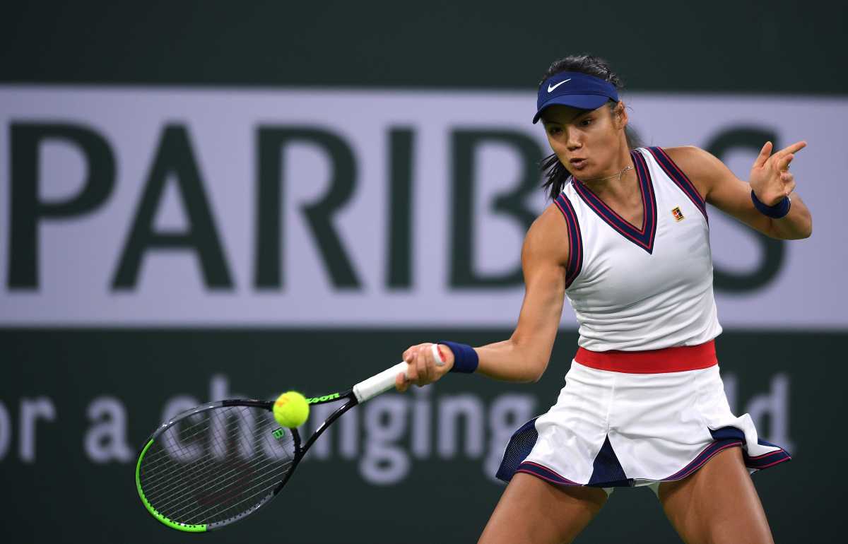 Oct 8, 2021; Indian Wells, CA, USA; Emma Raducanu (GBR) hits a shot against Aliaksandra Sasnovich (BLR) at Indian Wells Tennis Garden. Mandatory Credit: Orlando Ramirez-USA TODAY Sports