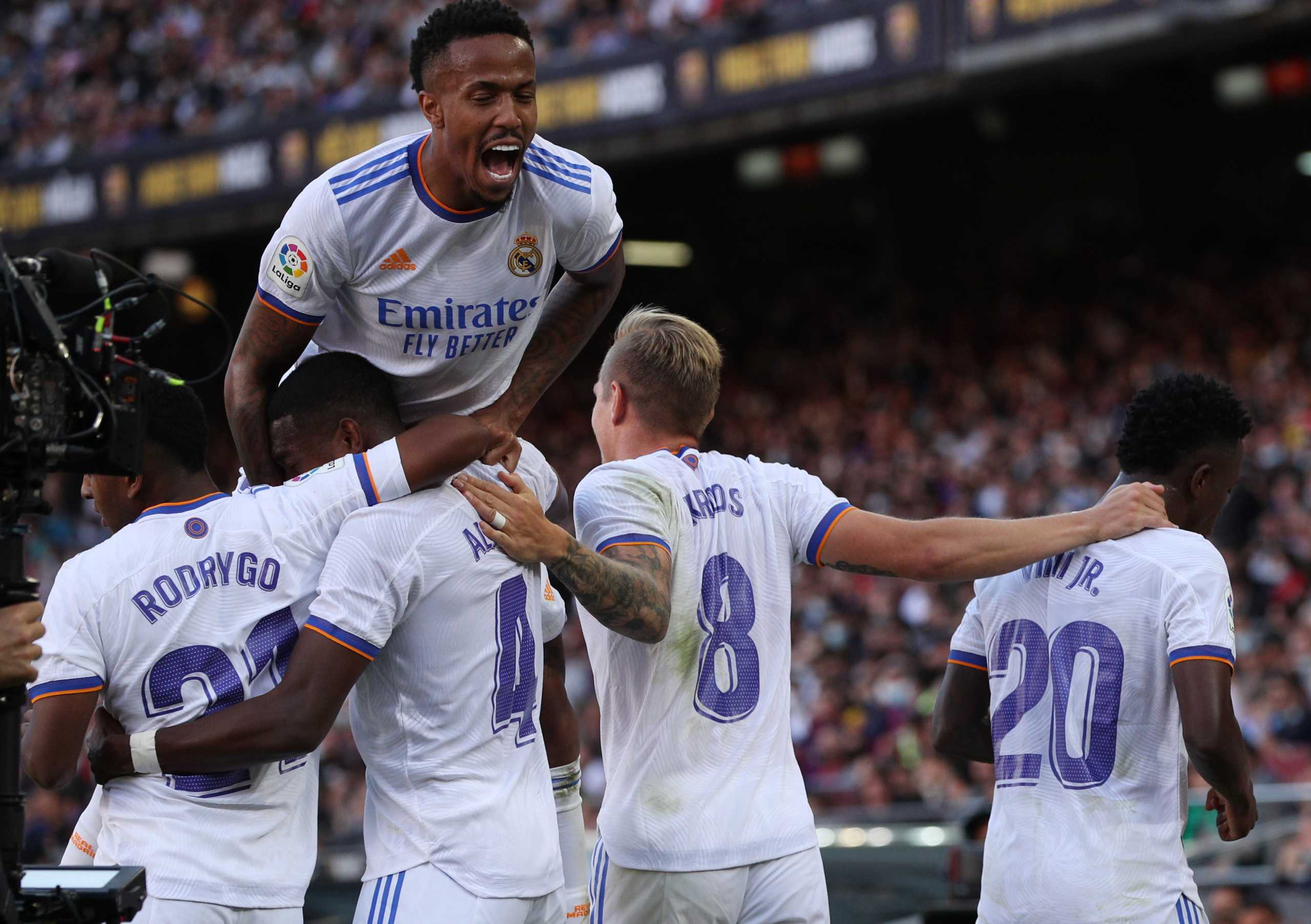 Soccer Football - LaLiga - FC Barcelona v Real Madrid - Camp Nou, Barcelona, Spain - October 24, 2021  Real Madrid's David Alaba celebrates scoring their first goal with Rodrygo, Eder Militao, Toni Kroos and Vinicius Junior REUTERS