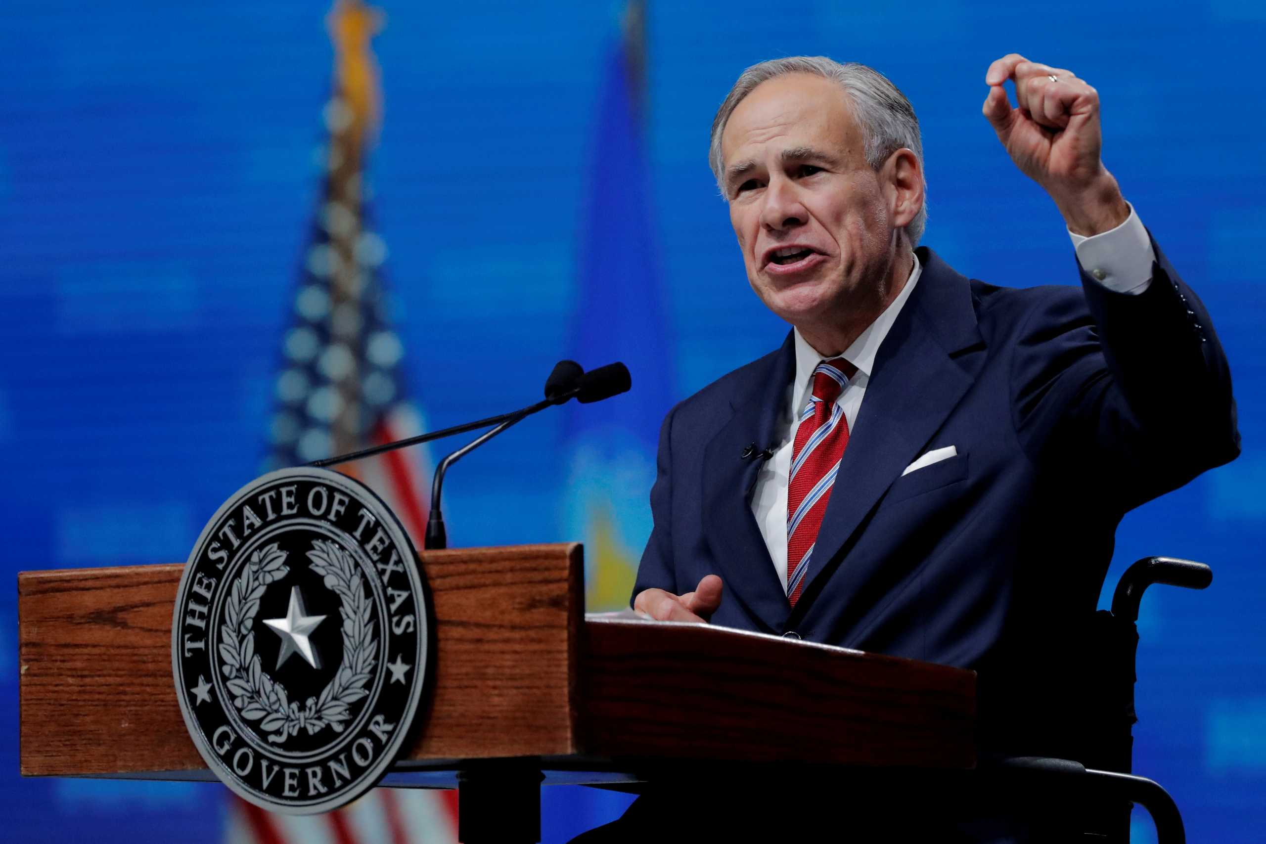 FILE PHOTO: Texas Governor Greg Abbott speaks at the annual National Rifle Association (NRA) convention in Dallas, Texas, U.S., May 4, 2018. REUTERS