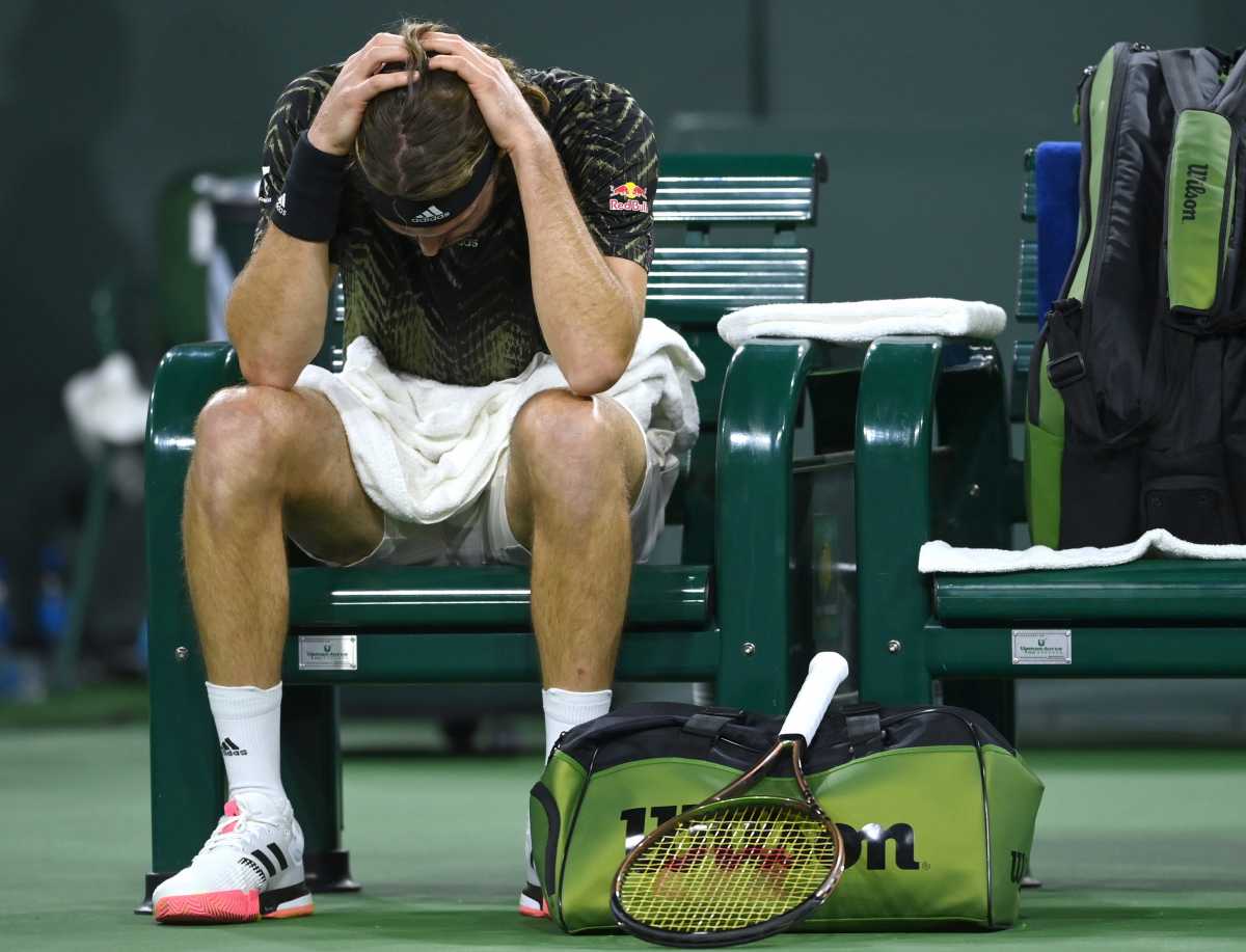Oct 12, 2021; Indian Wells, CA, USA; Stefanos Tsitsipas (GRE) takes a seat during a change over during a third round match against Fabio Fognini (ITA) in the BNP Paribas Open at the Indian Wells Tennis Garden. Mandatory Credit: Jayne Kamin-Oncea-USA TODAY Sports