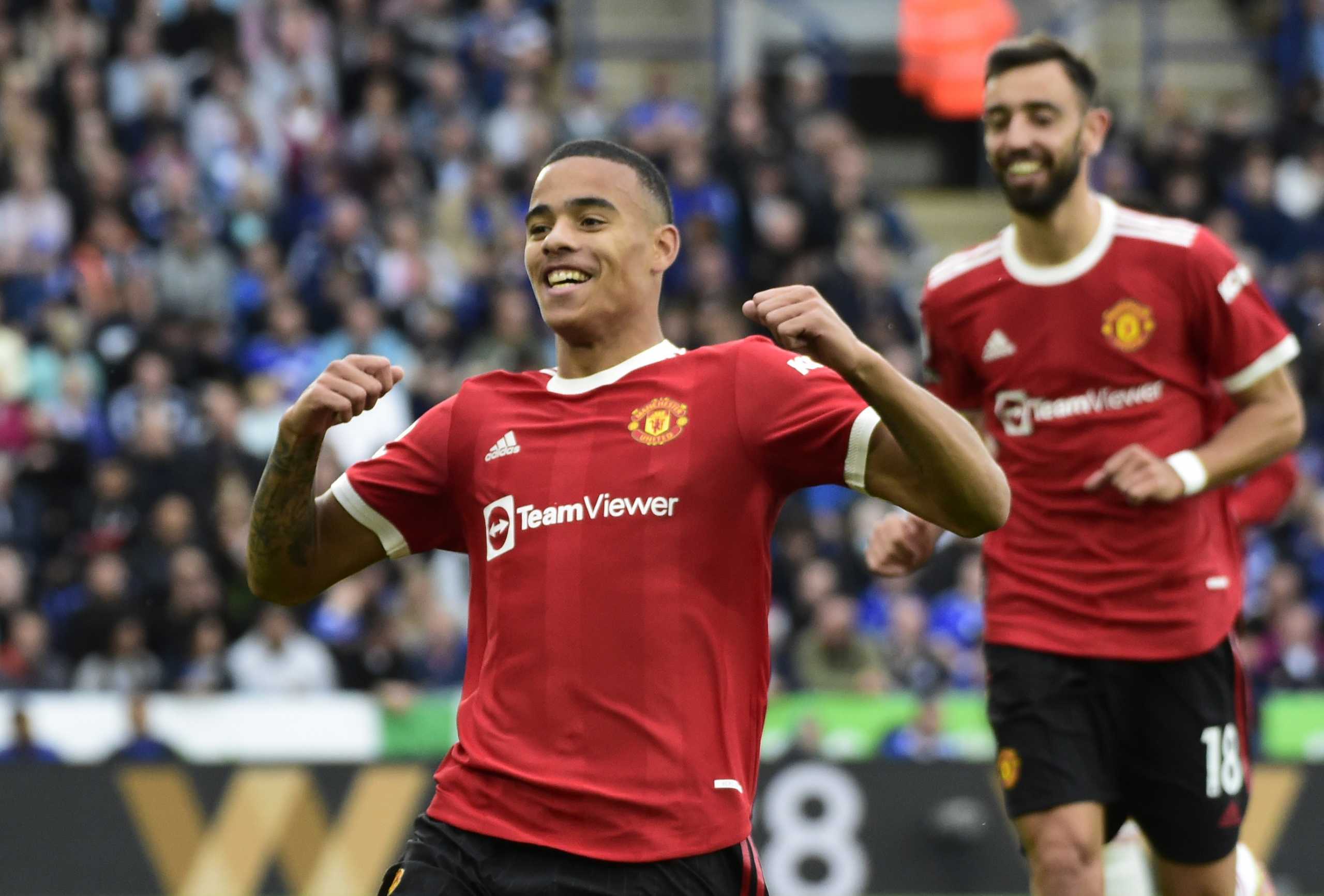 Soccer Football - Premier League - Leicester City v Manchester United - King Power Stadium, Leicester, Britain - October 16, 2021 Manchester United's Mason Greenwood celebrates scoring their first goal REUTERS
