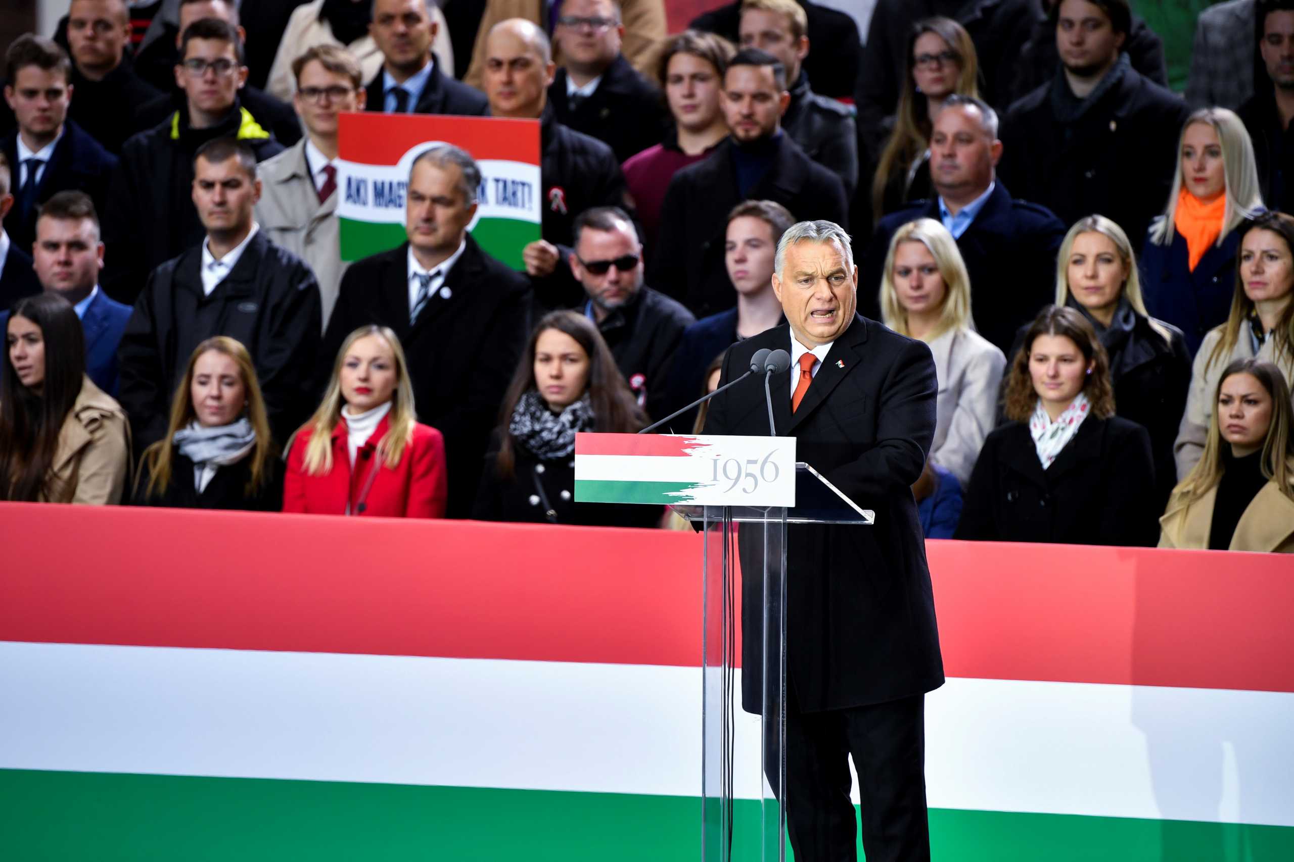 Hungarian Prime Minister Viktor Orban delivers a speech during the celebrations of the 65th anniversary of the Hungarian Uprising of 1956, in Budapest, Hungary, October 23, 2021. REUTERS