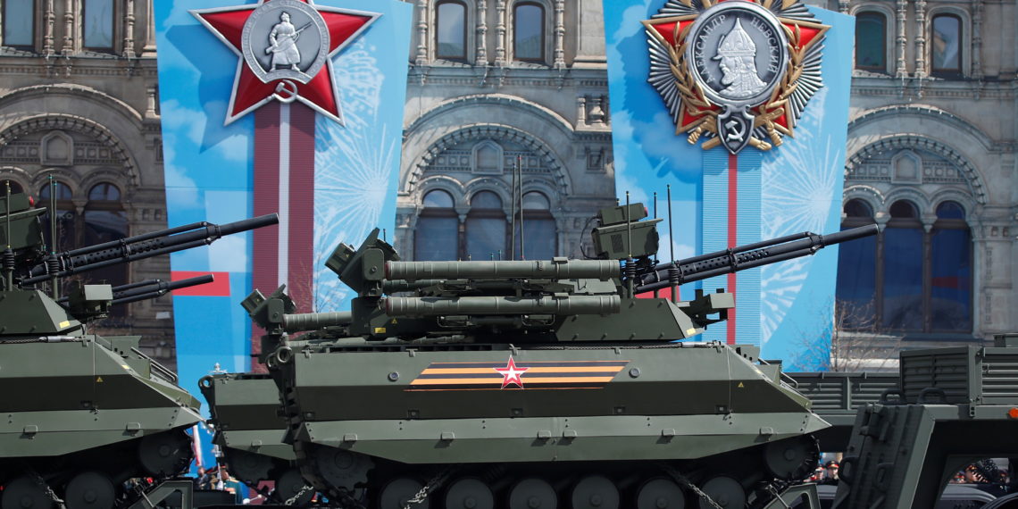 A Russian Uran-9 robotic complex drives during a rehearsal for the Victory Day parade, which marks the anniversary of the victory over Nazi Germany in World War Two, in Red Square in central Moscow, Russia May 7, 2021. REUTERS