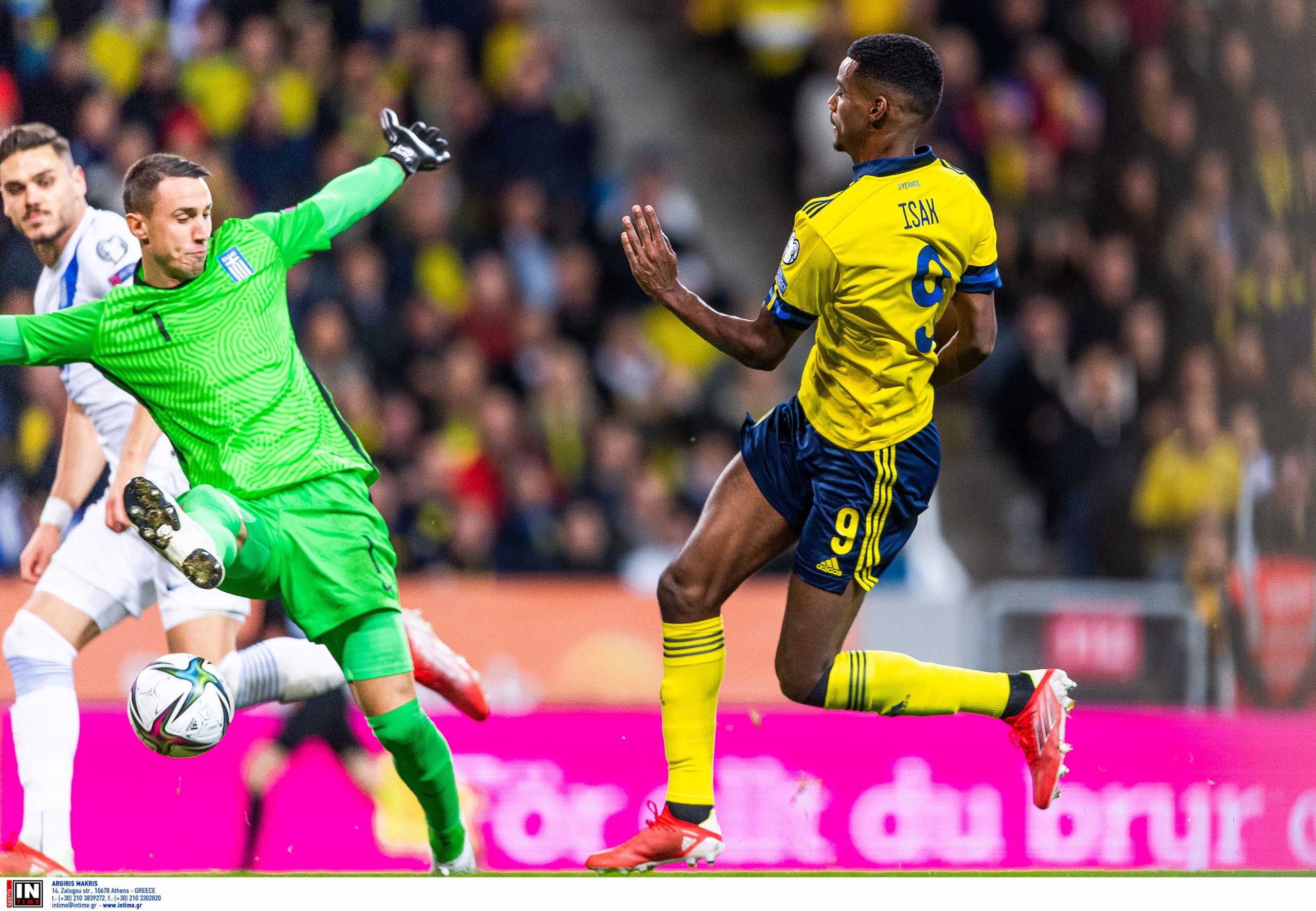 211012 Goalkeeper Odisseas Vlachidimos of Greece concedes the 2-0 goal from Alexander Isak of Sweden during the FIFA World Cup Qualifier football match between Sweden and Greece on October 12, 2021 in Stockholm. .Photo: Joel Marklund