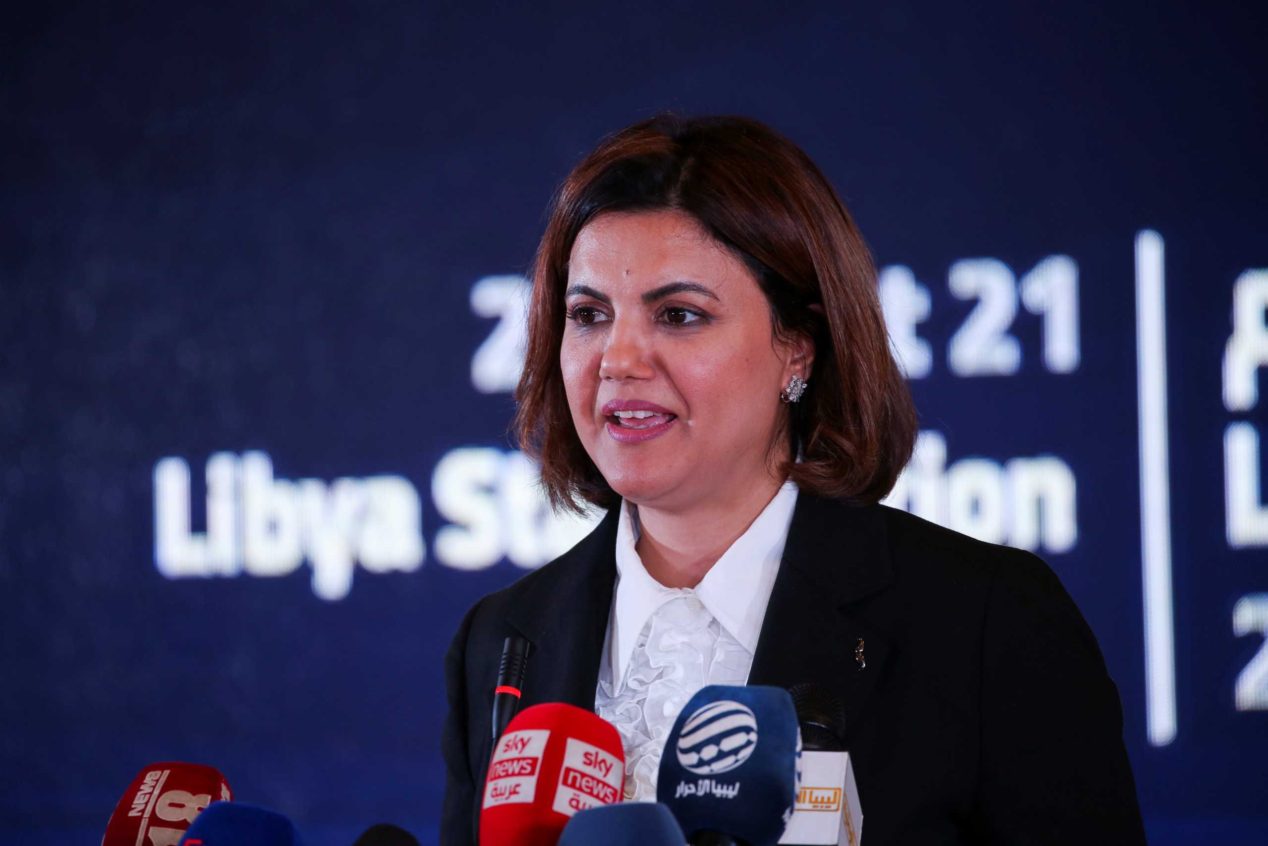 Libyan Foreign Minister Najla el-Mangoush attends a joint press conference at the conclusion of the Libya Stabilization Conference, in Tripoli, Libya, October 21, 2021. REUTERS