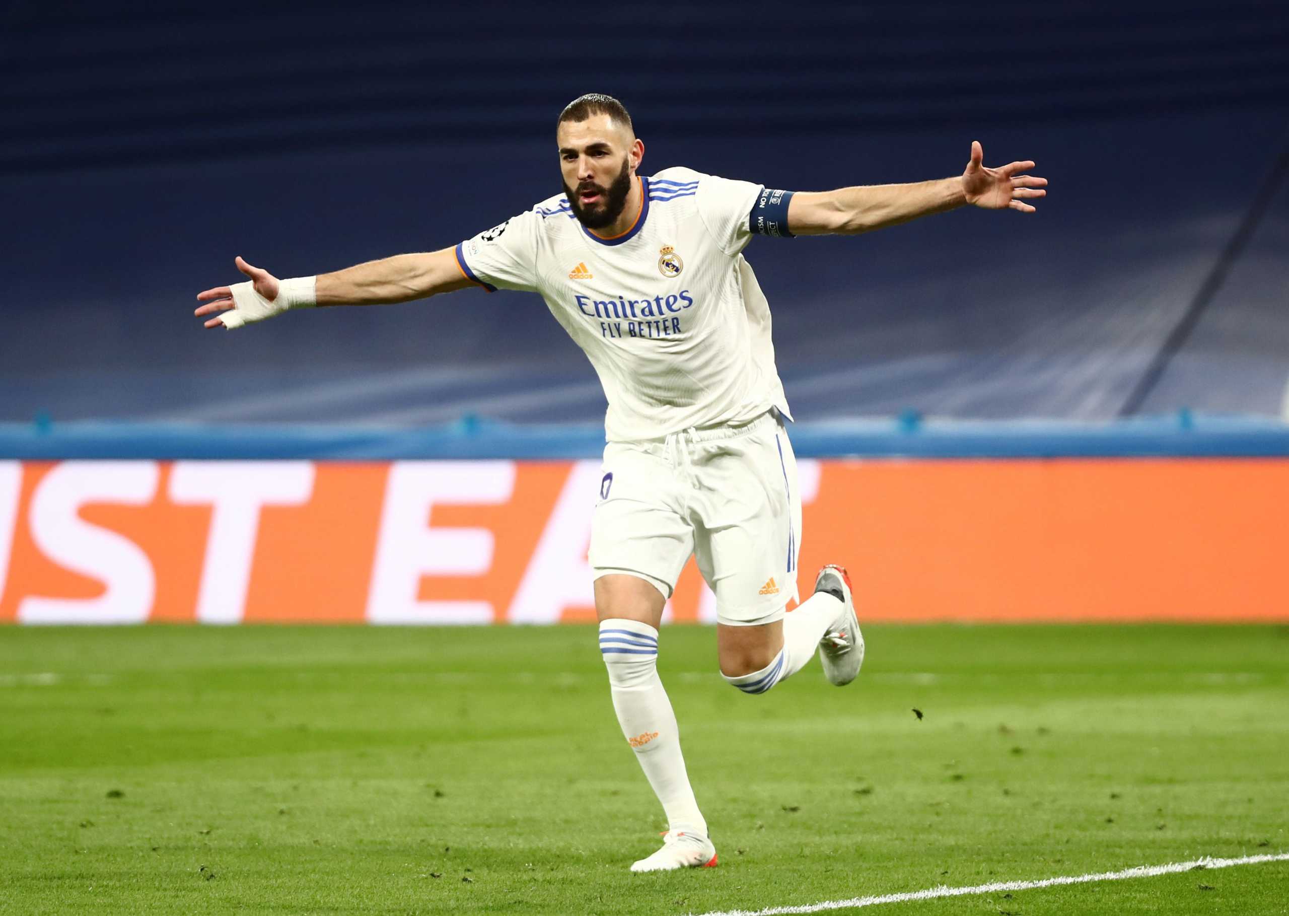 Soccer Football - Champions League - Group D - Real Madrid v Shakhtar Donetsk - Santiago Bernabeu, Madrid, Spain - November 3, 2021 Real Madrid's Karim Benzema celebrates scoring their first goal REUTERS