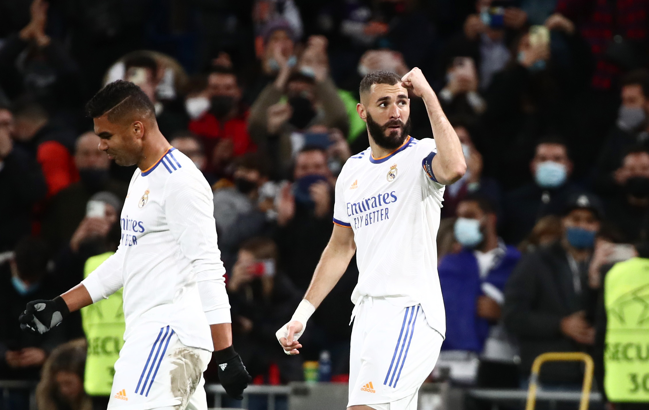 Soccer Football - Champions League - Group D - Real Madrid v Shakhtar Donetsk - Santiago Bernabeu, Madrid, Spain - November 3, 2021 Real Madrid's Karim Benzema celebrates scoring their second goal REUTERS