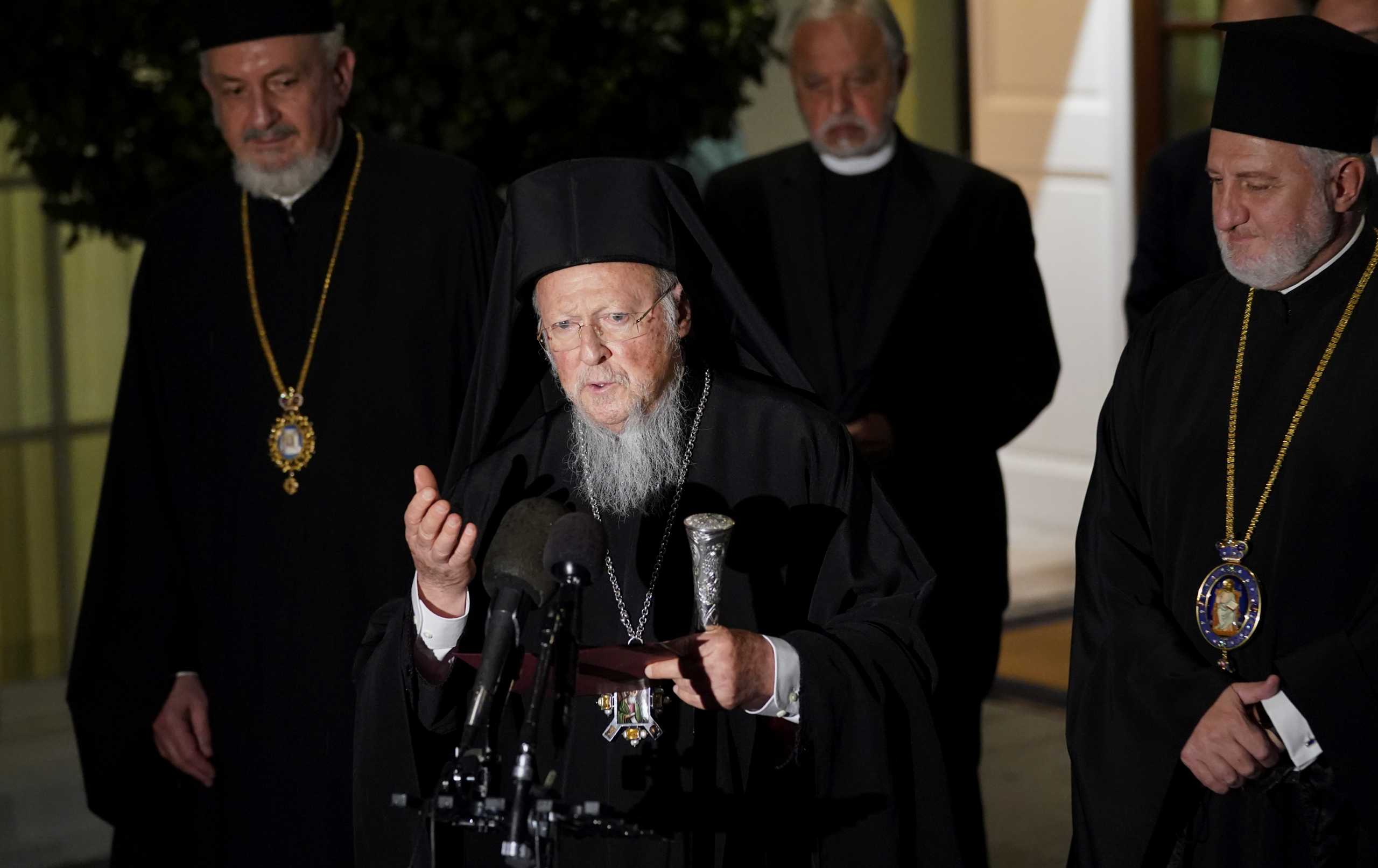 Ecumenical Patriarch Bartholomew and the official delegation of the Orthodox Christian Church speak to reporters following their visit with U.S. President Joe Biden at the White House in Washington, U.S., October 25, 2021. REUTERS