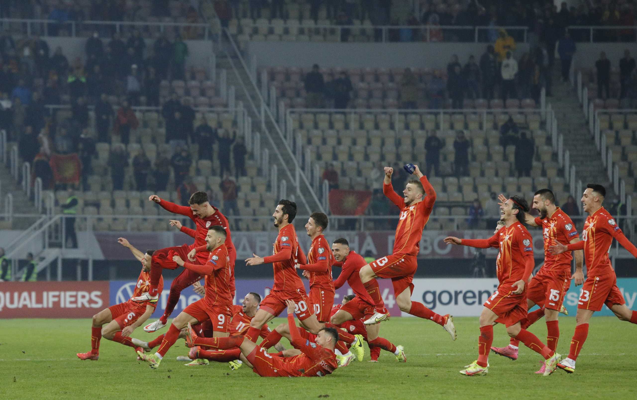 Soccer Football - World Cup - UEFA Qualifiers - Group J - North Macedonia v Iceland - Toshe Proeski Arena, Skopje, North Macedonia - November 14, 2021  North Macedonia players celebrate after the match REUTERS