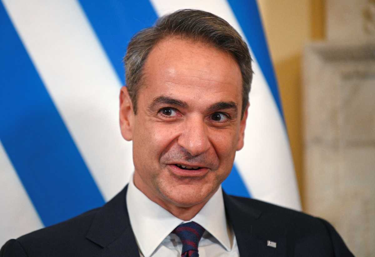 Greek Prime Minister Kyriakos Mitsotakis speaks during a meeting with British Prime Minister Boris Johnson at Downing Street, in London, Britain, November 16, 2021.  Daniel Leal