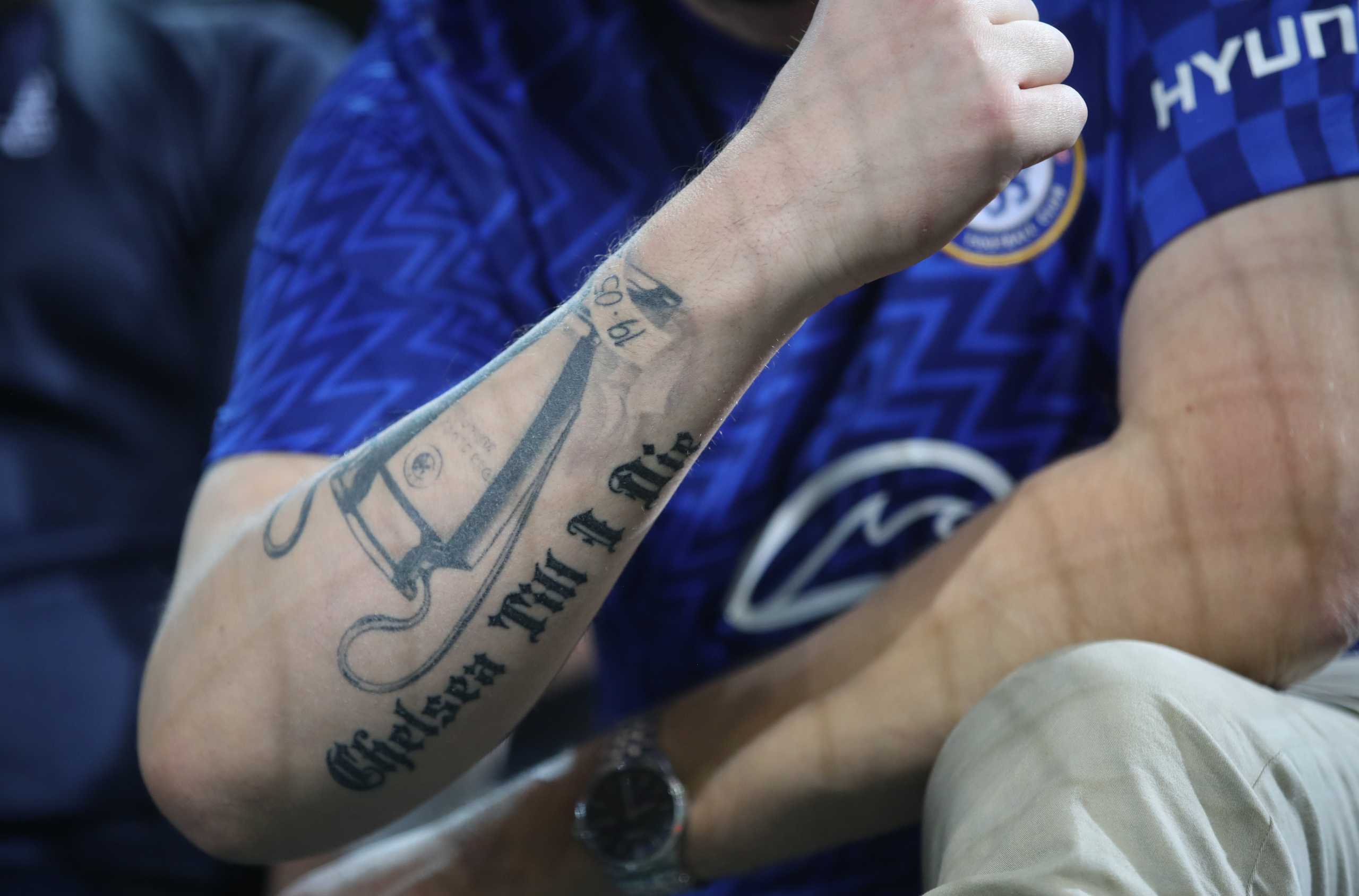 Soccer Football - Champions League - Group H - Malmo FF v Chelsea - Eleda Stadion, Malmo, Sweden - November 2, 2021 General view of a tattoo on a Chelsea fans arm Action Images via Reuters