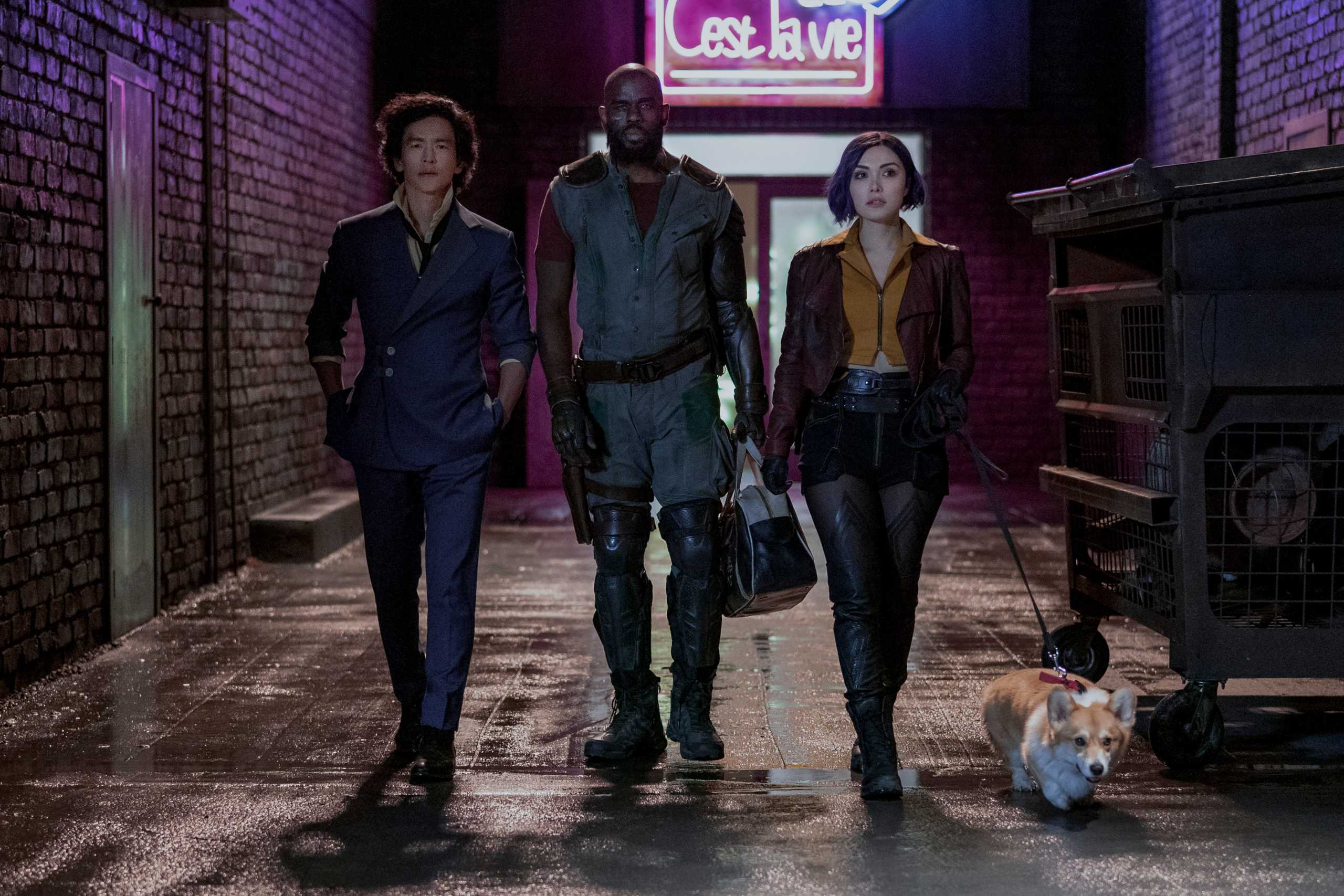 COWBOY BEBOP (L to R) JOHN CHO as SPIKE SPIEGEL, MUSTAFA SHAKIR as JET BLACK, DANIELLA PINEDA as FAYE VALENTINE and EIN in Cowboy Bebop Cr. GEOFFREY SHORT