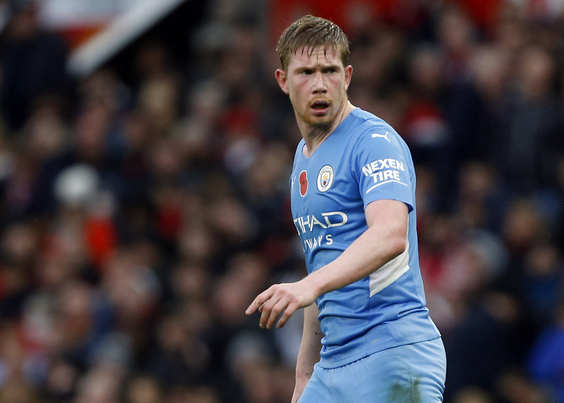 Soccer Football - Premier League - Manchester United v Manchester City - Old Trafford, Manchester, Britain - November 6, 2021 Manchester City's Kevin De Bruyne reacts REUTERS