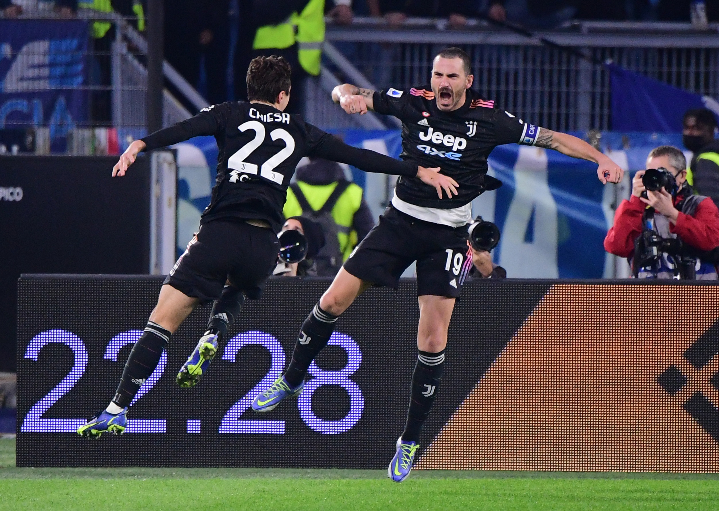 Soccer Football - Serie A - Lazio v Juventus - Stadio Olimpico, Rome, Italy - November 20, 2021 Juventus' Leonardo Bonucci celebrates scoring their first goal with teammate Federico Chiesa REUTERS