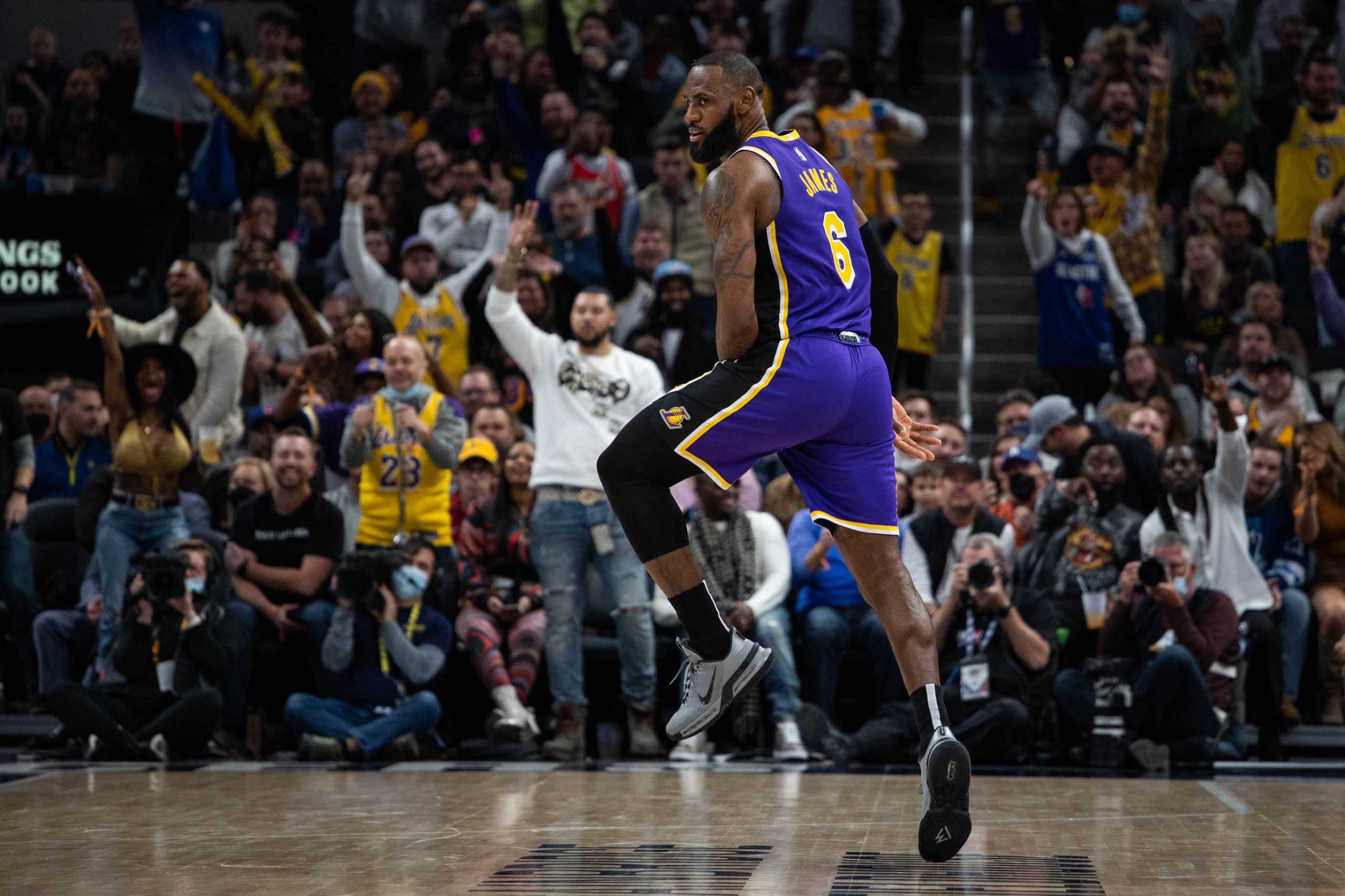 Nov 24, 2021; Indianapolis, Indiana, USA; Los Angeles Lakers forward LeBron James (6) celebrates his go ahead basket in the overtime against the Indiana Pacers at Gainbridge Fieldhouse. Mandatory Credit: Trevor Ruszkowski-USA TODAY Sports