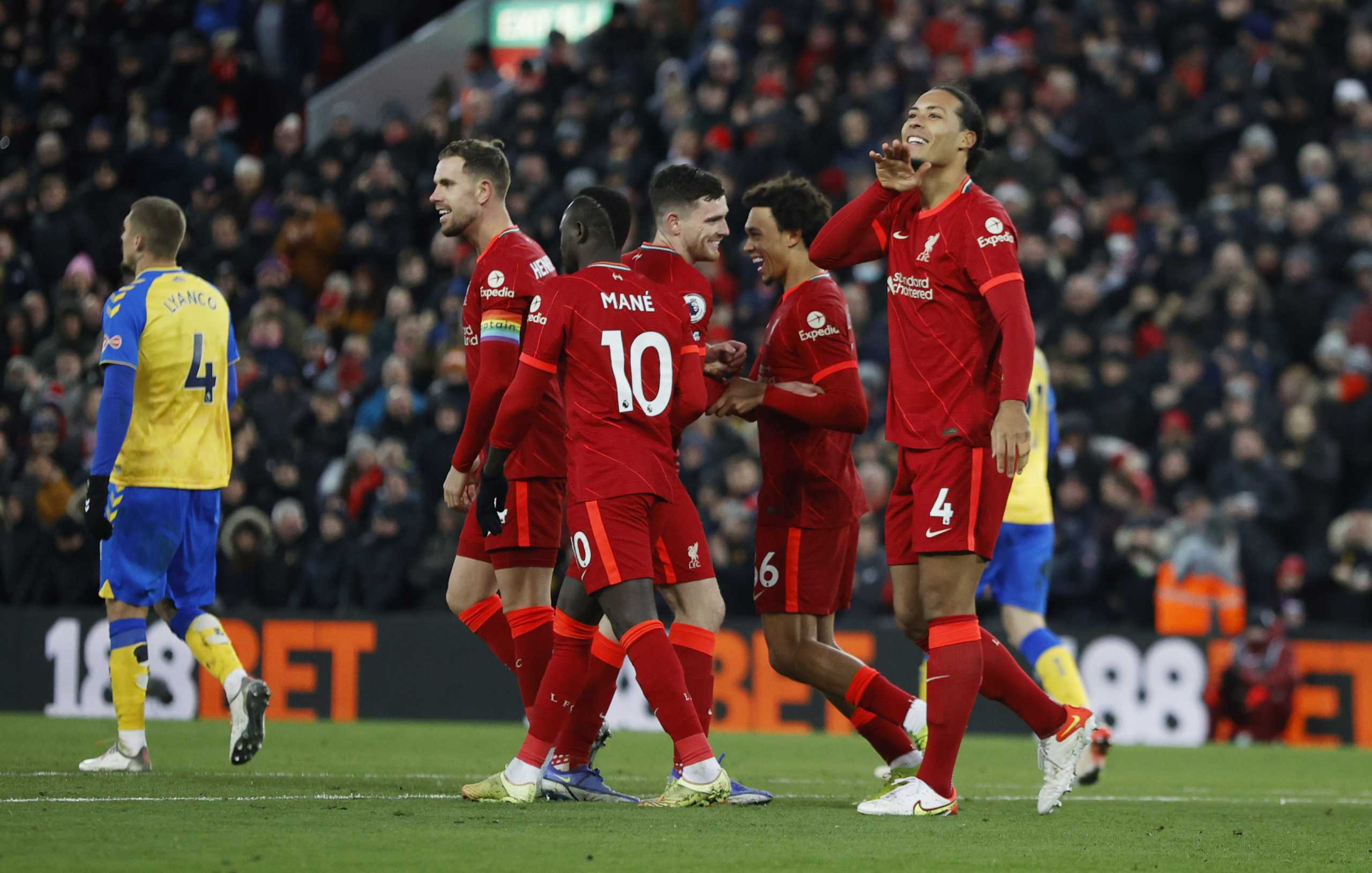 Soccer Football - Premier League - Liverpool v Southampton - Anfield, Liverpool, Britain - November 27, 2021 Liverpool's Virgil van Dijk celebrates scoring their fourth goal REUTERS