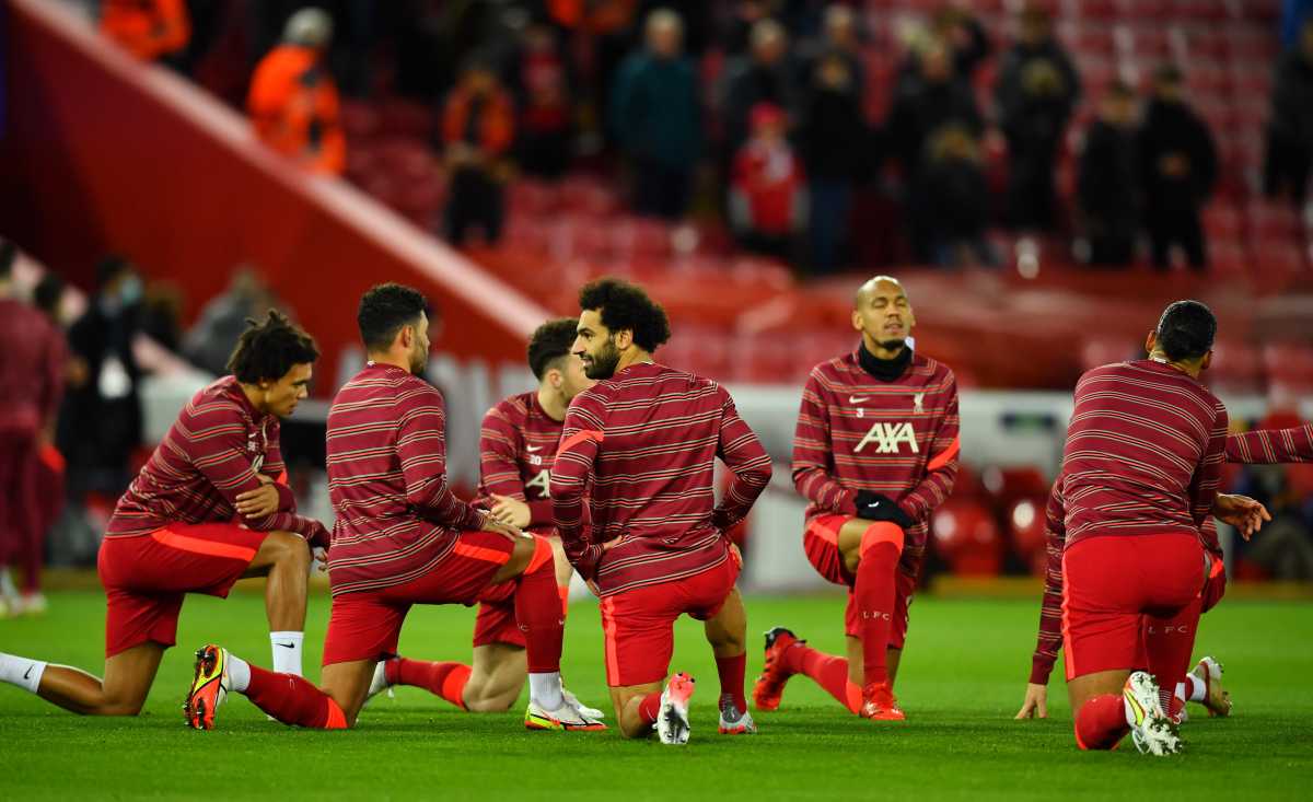 Soccer Football - Champions League - Group B - Liverpool v Atletico Madrid - Anfield, Liverpool, Britain - November 3, 2021 Liverpool's Mohamed Salah with teammates during the warm up before the match REUTERS