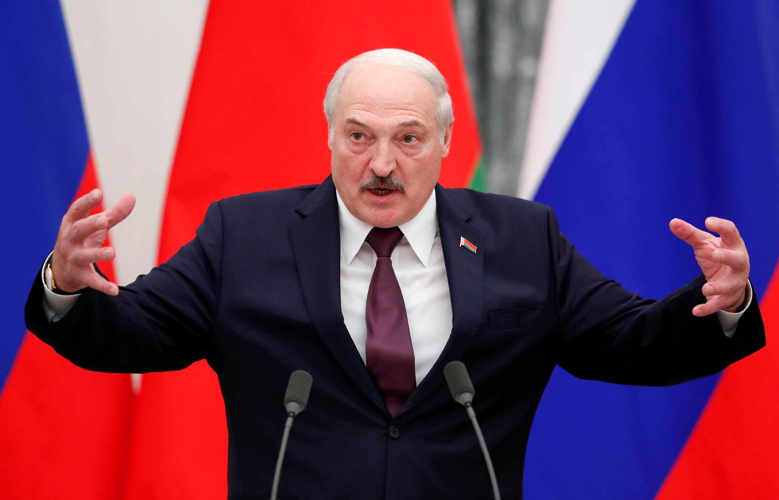 FILE PHOTO: Belarusian President Alexander Lukashenko speaks during a news conference following talks with his Russian counterpart Vladimir Putin at the Kremlin in Moscow, Russia September 9, 2021. REUTERS