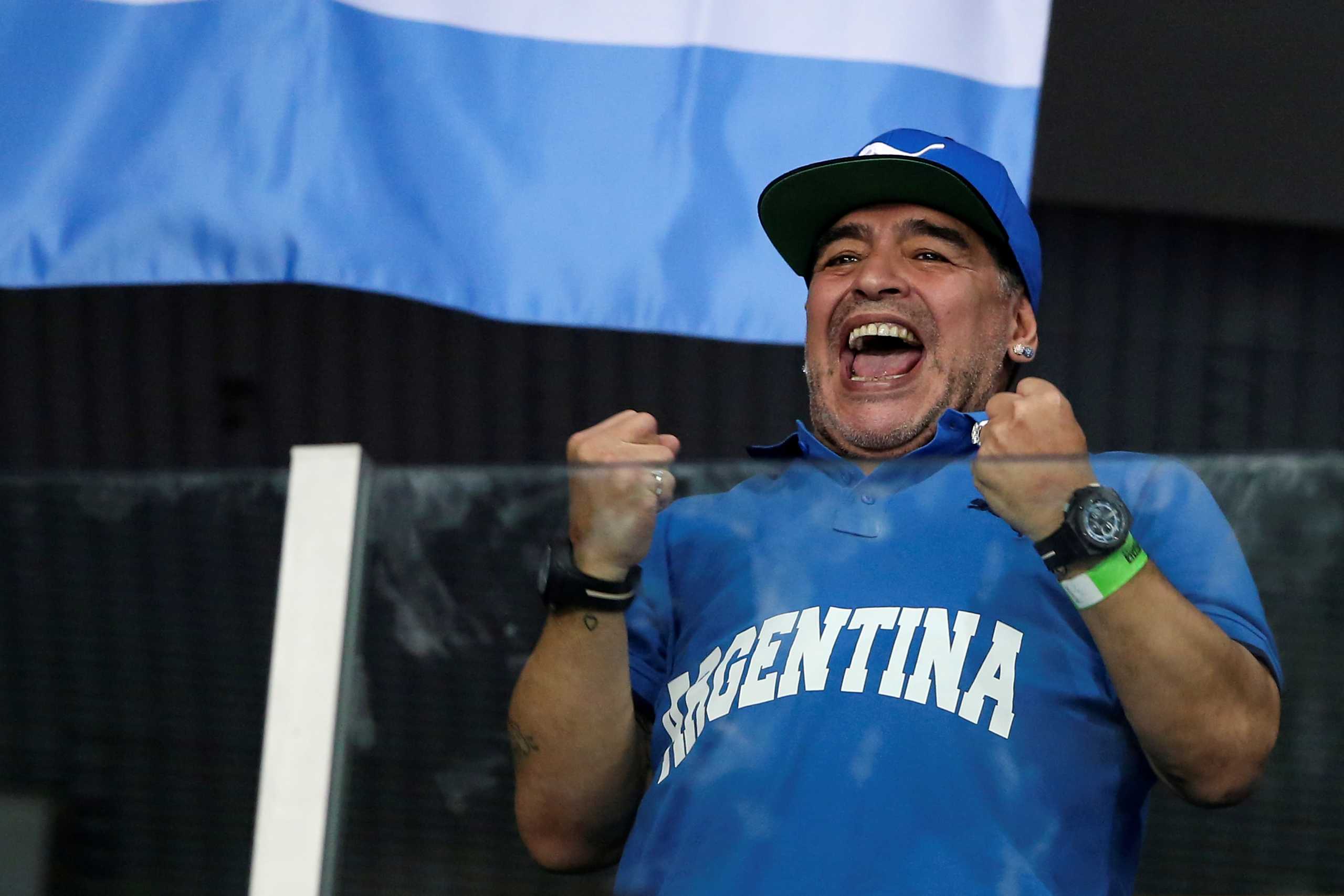 FILE PHOTO: Tennis - Diego Maradona reacts during a match between Croatia's Ivo Karlovic and Argentina's Juan Martin del Potro during the Davis Cup Final in Arena Zagreb, Zargeb, Croatia - November 25, 2016. REUTERS