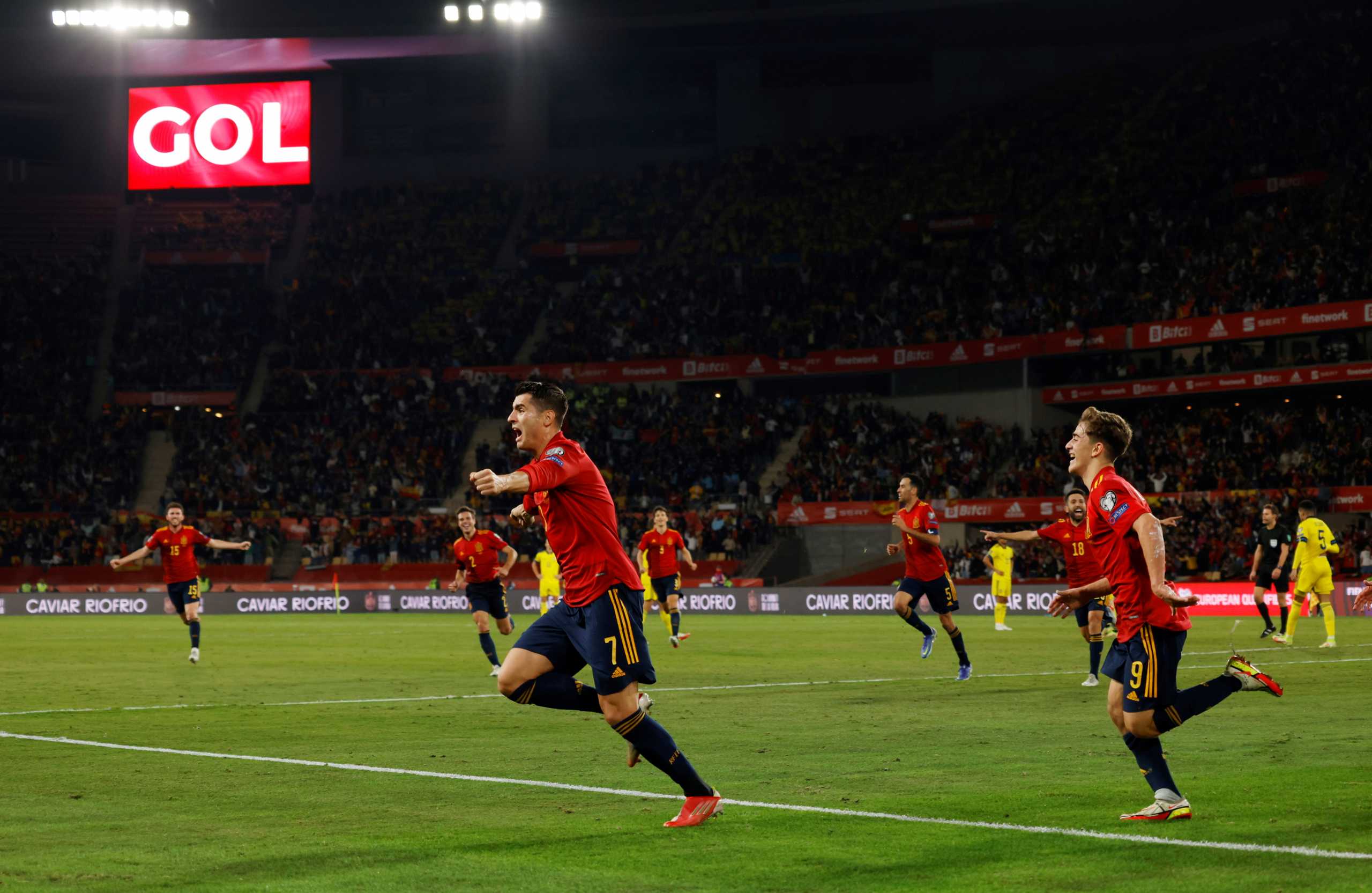 Soccer Football - World Cup - UEFA Qualifiers - Group B - Spain v Sweden - Estadio de La Cartuja, Seville, Spain - November 14, 2021 Spain's Alvaro Morata celebrates scoring their first goal REUTERS