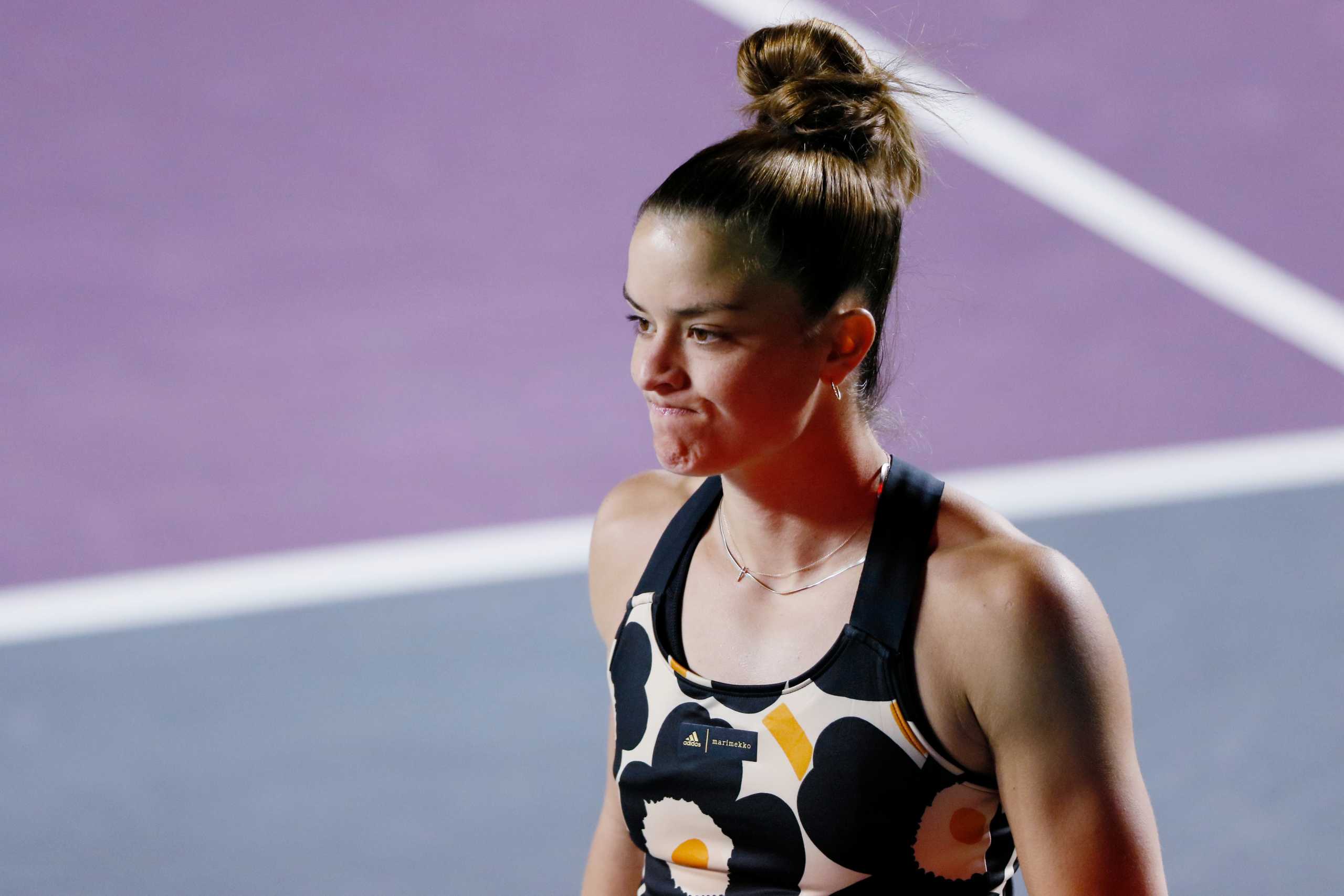 Tennis - WTA Tour Finals - Panamerican Tennis Center, Guadalajara, Mexico - November 16, 2021 Greece's Maria Sakkari reacts during her semi final match against Estonia's Anett Kontaveit REUTERS
