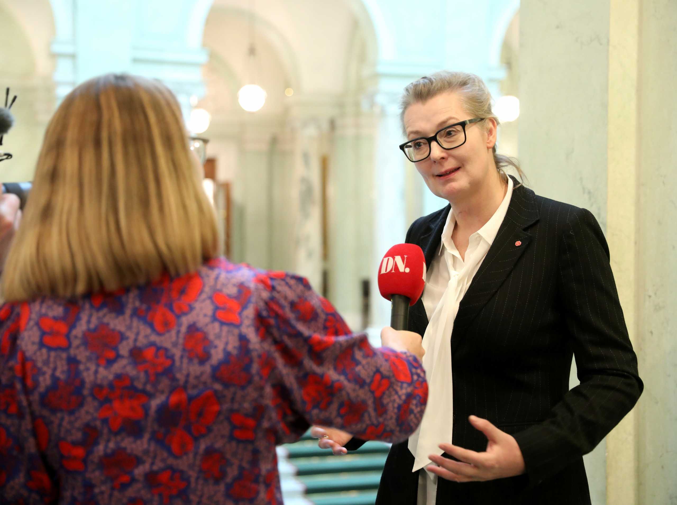 Lina Axelsson Kihlblom, Minister of Education, meets the media after Prime Minister Magdalena Andersson presented her new government during a news conference after the government declaration in the Swedish parliament Riksdagen, in Stockholm, Sweden November 30, 2021. Soren Andersson