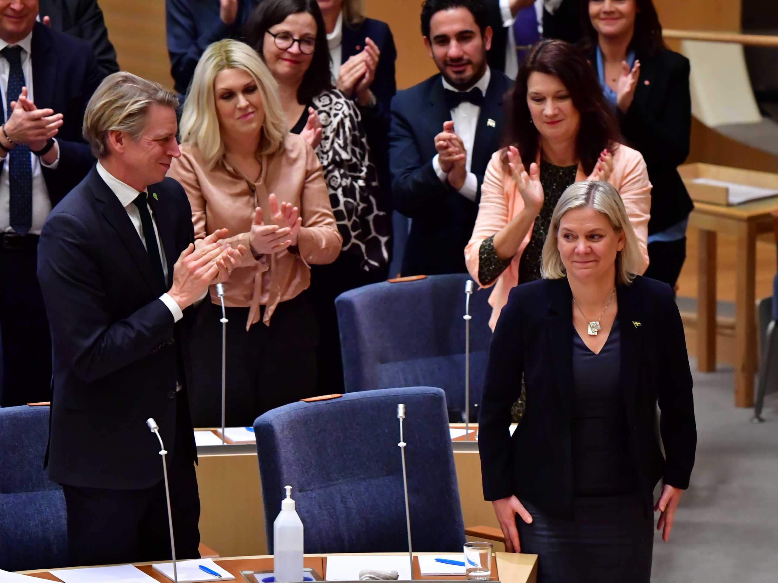 Current Finance Minister and Social Democratic Party leader Magdalena Andersson is congratulated after being appointed as new prime minister after a voting in the Swedish parliament Riksdagen, in Stockholm, Sweden November 29, 2021. Jonas Ekstromer
