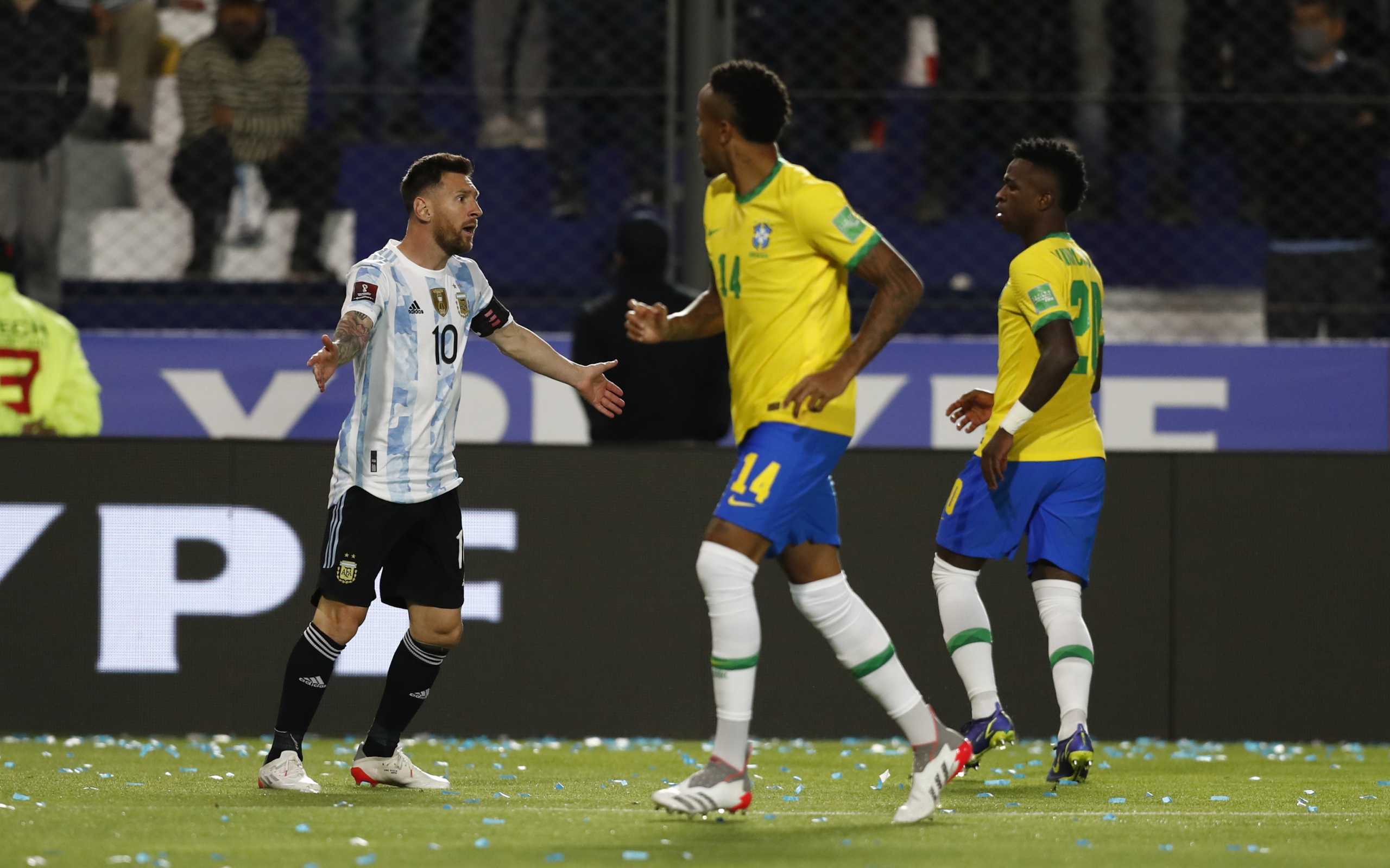 Soccer Football - World Cup - South American Qualifiers - Argentina v Brazil - Estadio San Juan del Bicentenario, San Juan, Argentina - November 16, 2021 Argentina's Lionel Messi reacts REUTERS