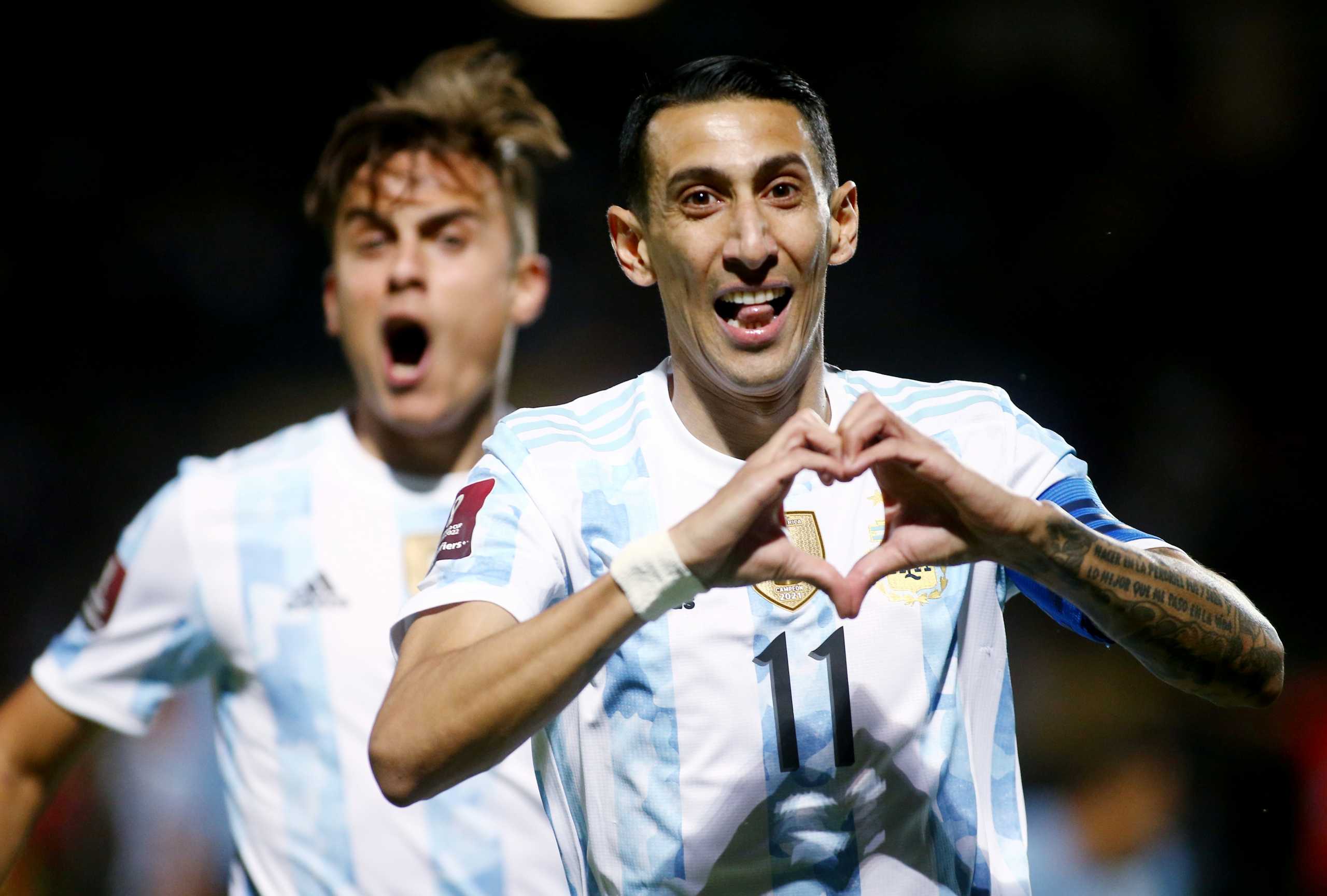 Soccer Football - World Cup - South American Qualifiers - Uruguay v Argentina - Estadio Campeon del Siglo, Montevideo, Uruguay - November 12, 2021 Argentina's Angel Di Maria celebrates scoring their first goal Pool via REUTERS