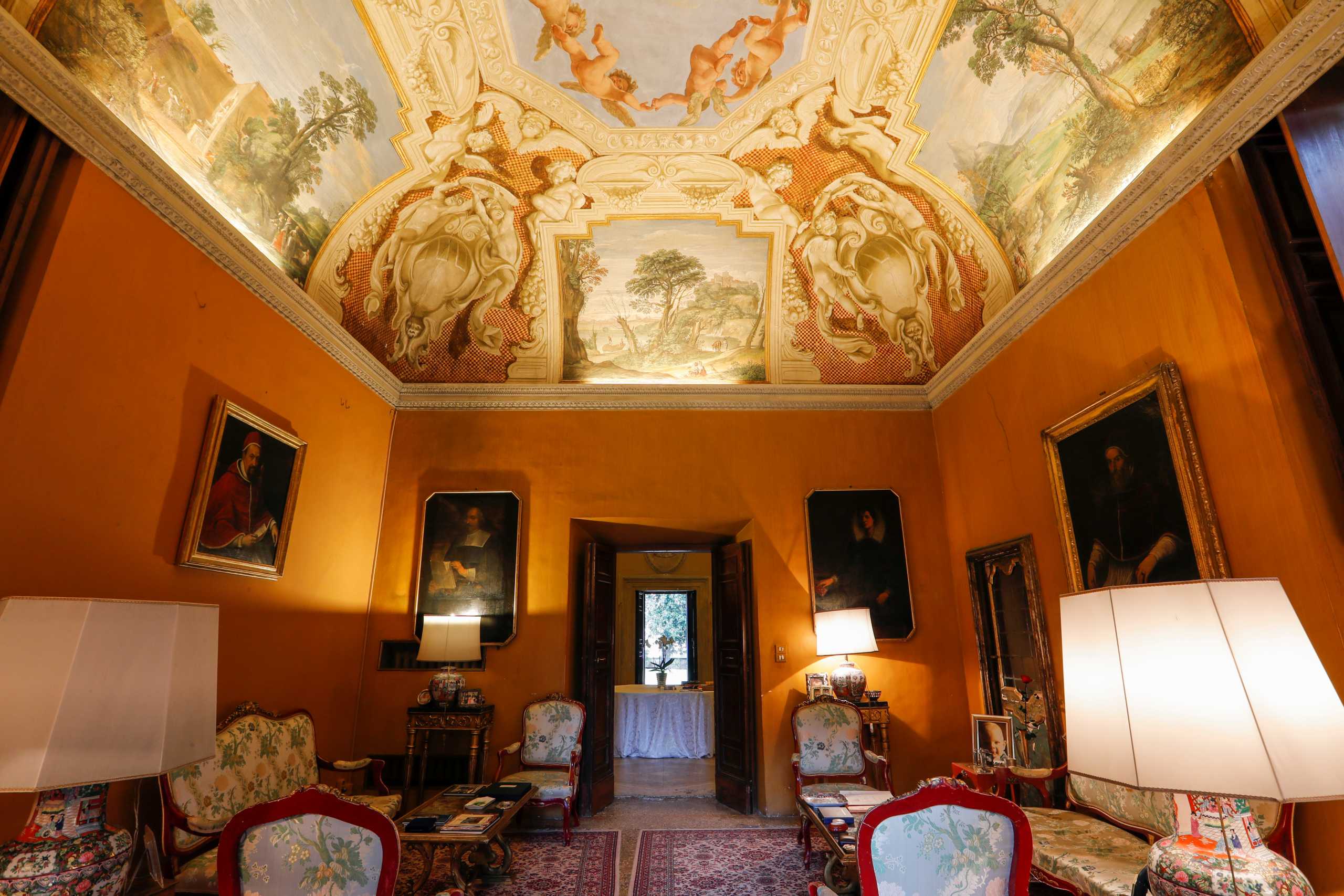 A general view shows a room, with frescoes on the ceiling by Italian artists including Guercino and Domenichino, inside Villa Aurora, a building that boasts Caravaggio's only ceiling mural, which is up for auction in January with an opening bid set at 471 million euros, in Rome, Italy, November 16, 2021. REUTERS