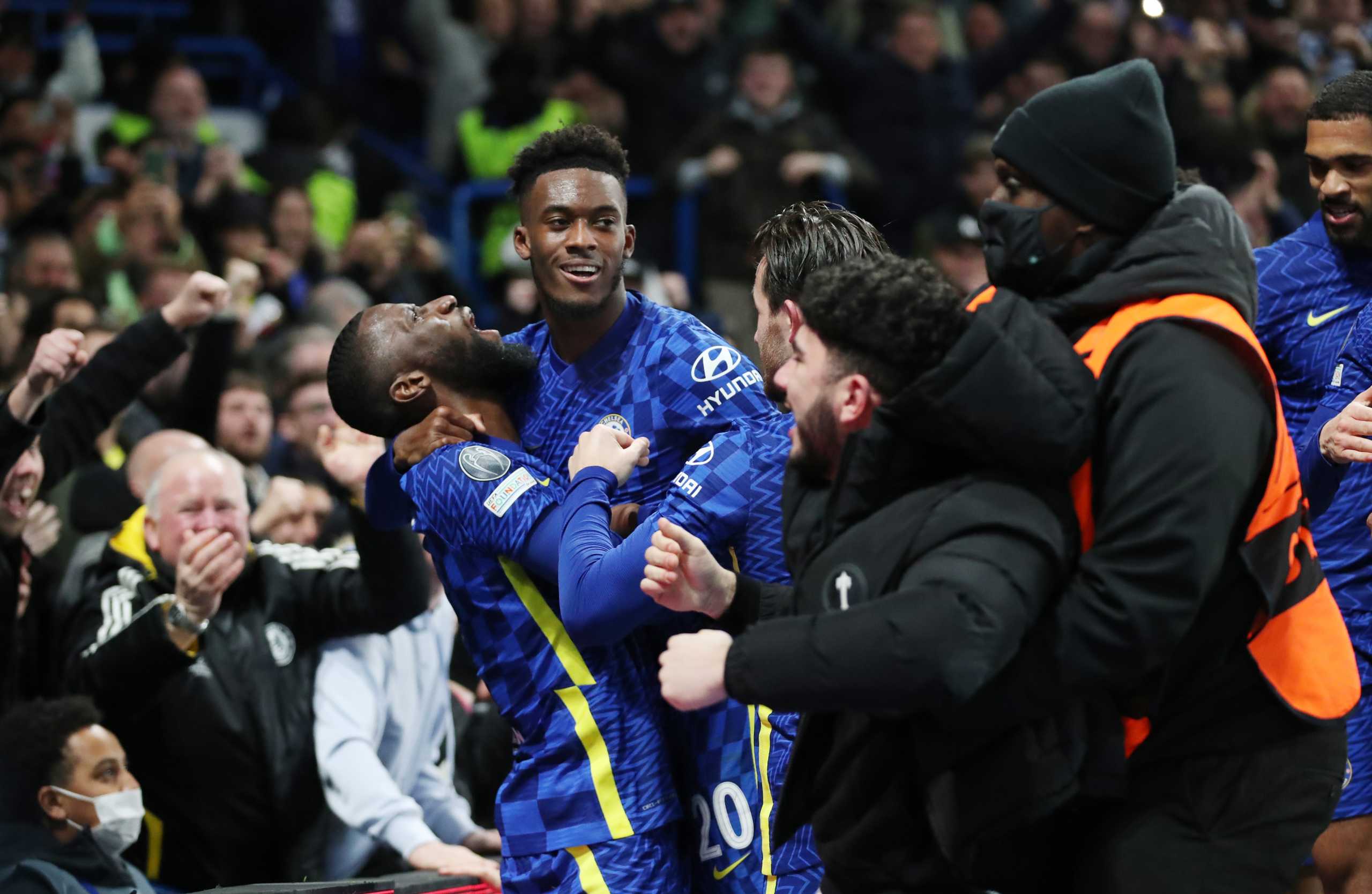 Soccer Football - Champions League - Group H - Chelsea v Juventus - Stamford Bridge, London, Britain - November 23, 2021 Chelsea's Callum Hudson-Odoi celebrates scoring their third goal with Antonio Rudiger Action Images via Reuters