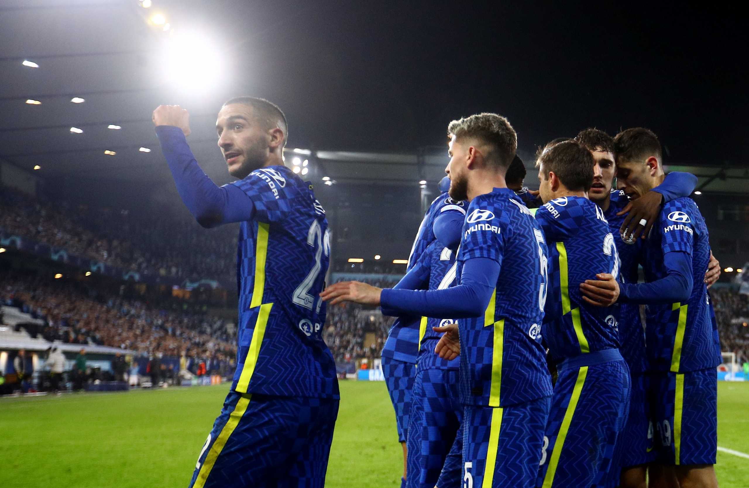 Soccer Football - Champions League - Group H - Malmo FF v Chelsea - Eleda Stadion, Malmo, Sweden - November 2, 2021 Chelsea's Hakim Ziyech celebrates scoring their first goal with teammates Action Images via Reuters