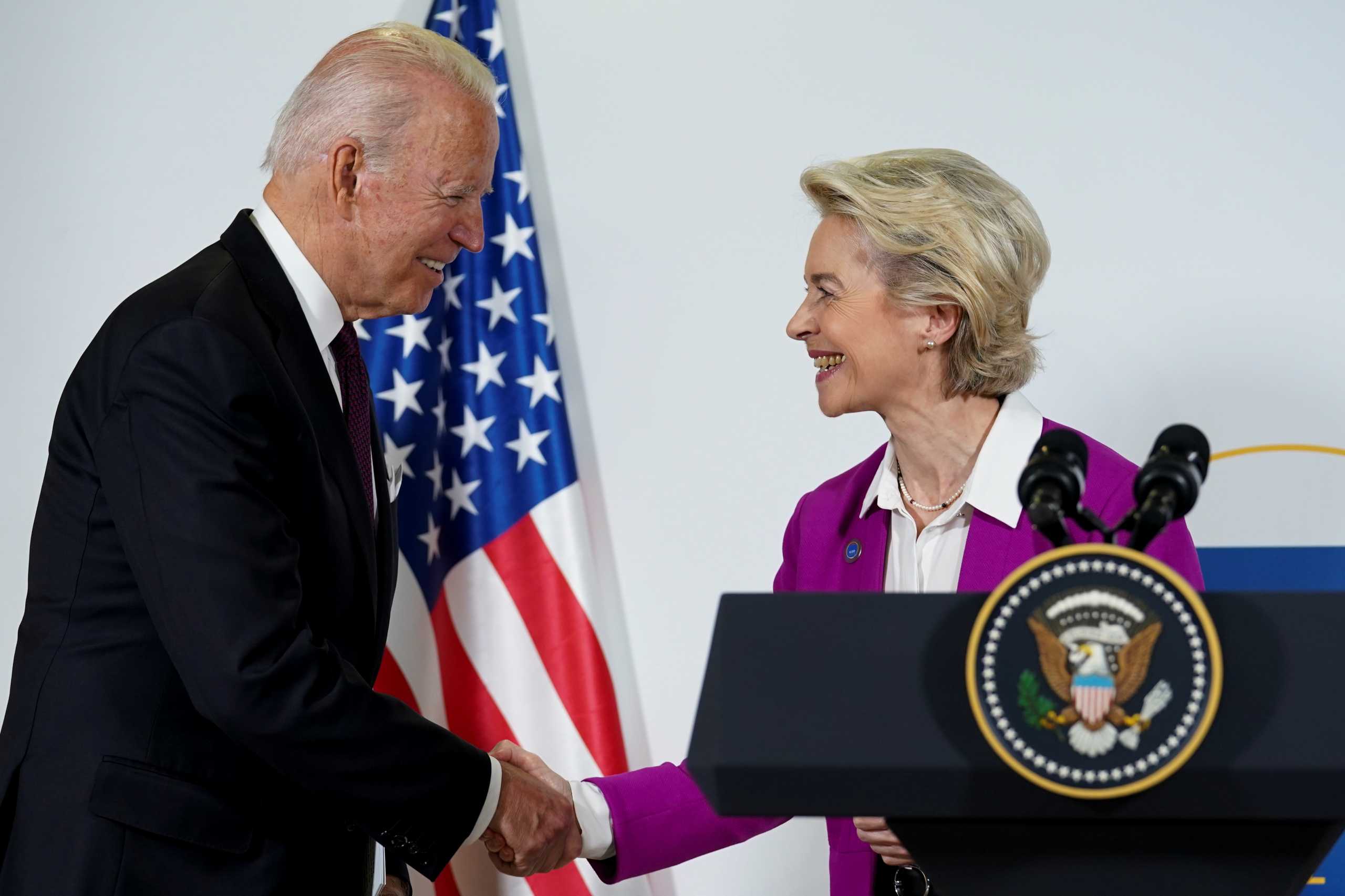 U.S. President Joe Biden and European Commission's President Ursula von der Leyen shake hands after speaking about steel and aluminium tariffs, on the sidelines of the G20 leaders' summit in Rome, Italy October 31, 2021. REUTERS