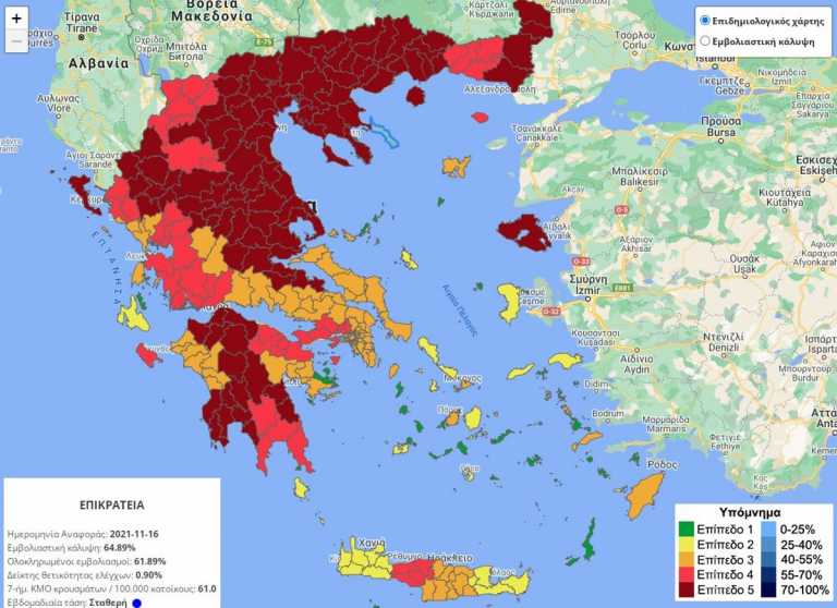 Κορονοϊος: Γρεβενά, Άρτα και Αιτωλοακαρνανία στο «βαθύ κόκκινο» – Τι αλλάζει στον επιδημιολογικό χάρτη