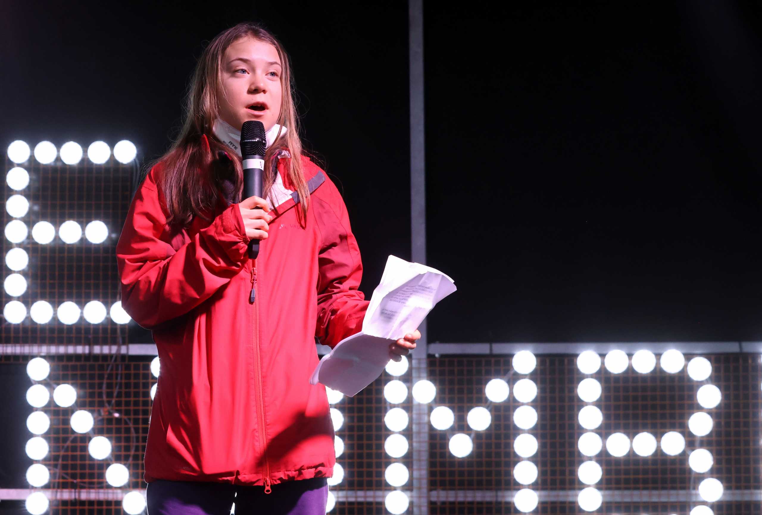 Climate activist Greta Thunberg speaks at a Fridays for Future march during the UN Climate Change Conference (COP26), in Glasgow, Scotland, Britain, November 5, 2021. REUTERS