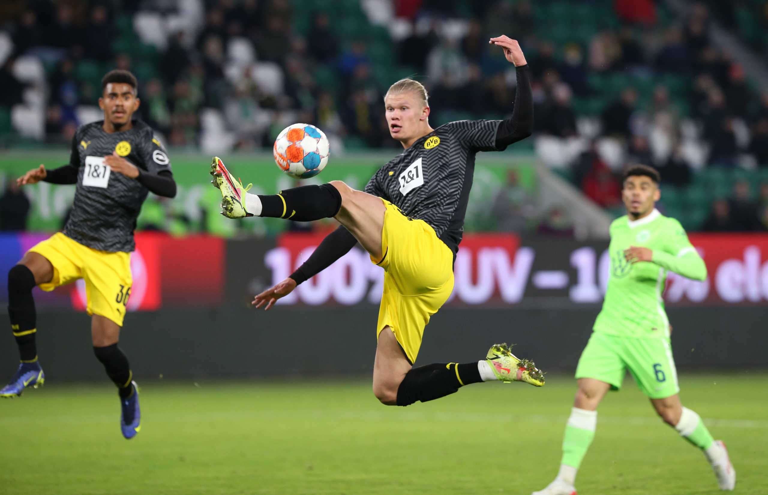 Soccer Football - Bundesliga - VfL Wolfsburg v Borussia Dortmund - Volkswagen Arena, Wolfsburg, Germany - November 27, 2021 Borussia Dortmund's Erling Braut Haaland scores their third goal REUTERS
