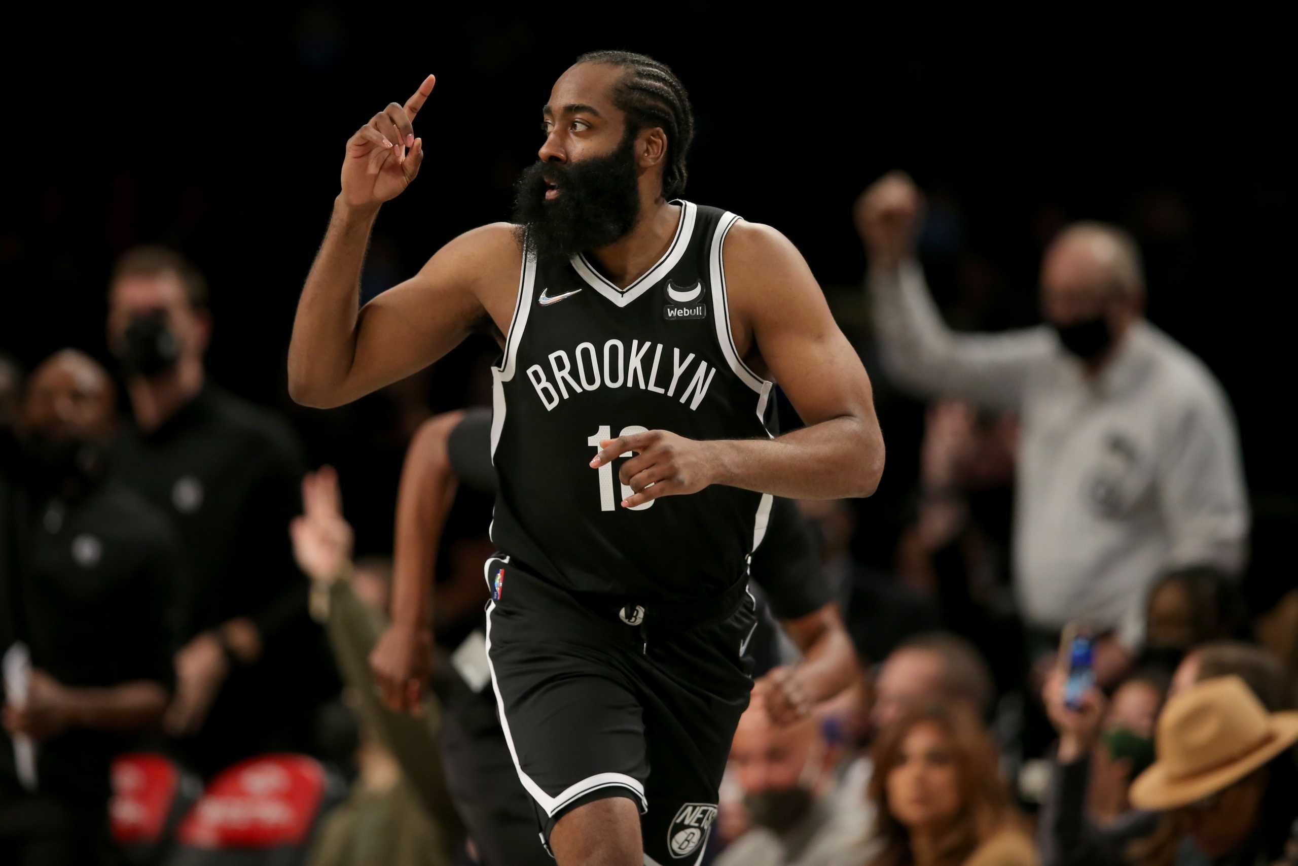 Nov 19, 2021; Brooklyn, New York, USA; Brooklyn Nets guard James Harden (13) reacts after a three point shot against the Orlando Magic during the third quarter at Barclays Center. Mandatory Credit: Brad Penner-USA TODAY Sports
