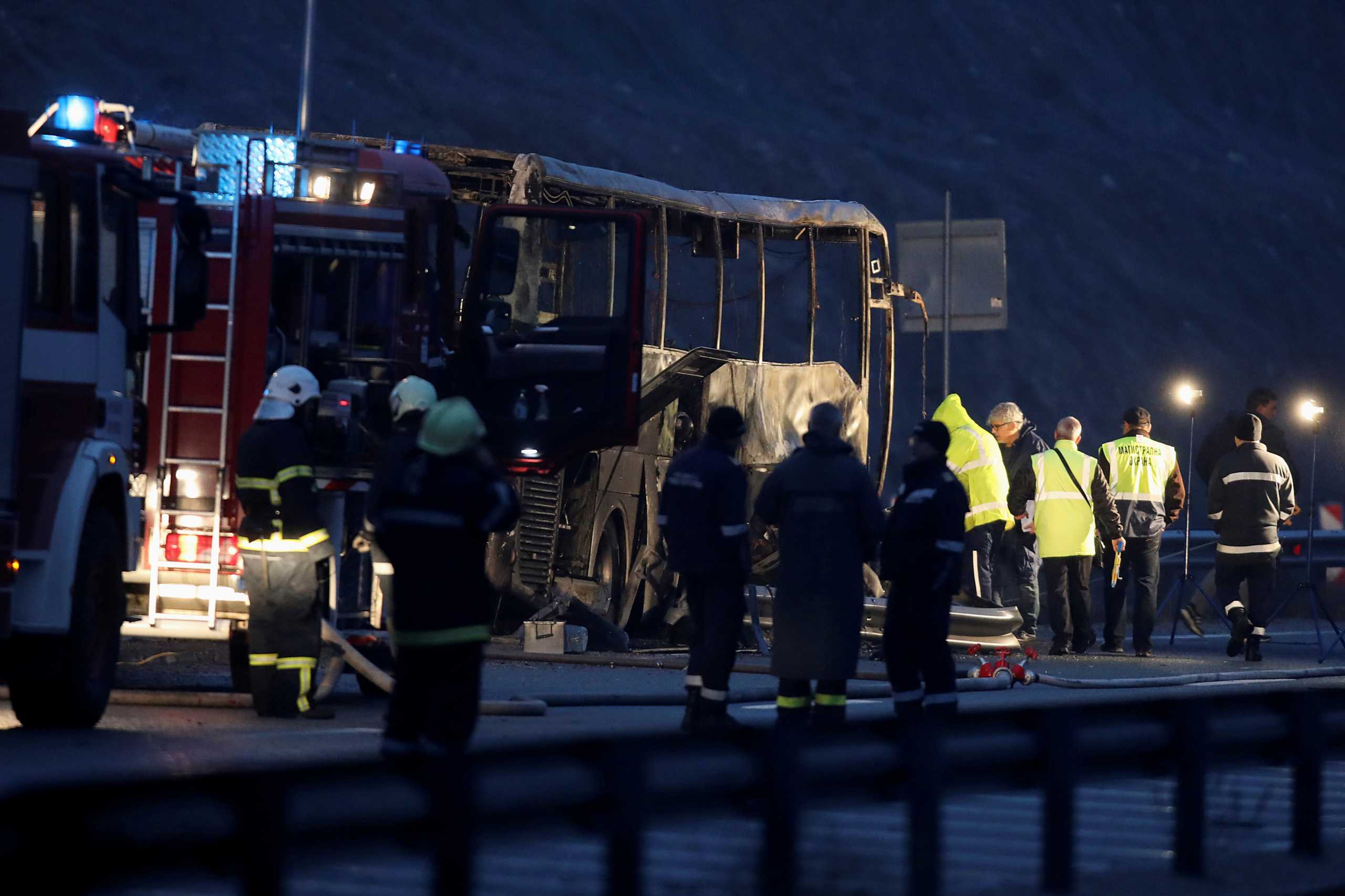 A view shows the site where a bus with North Macedonian plates caught fire on a highway, near the village of Bosnek, in Bulgaria,  November 23, 2021. REUTERS
